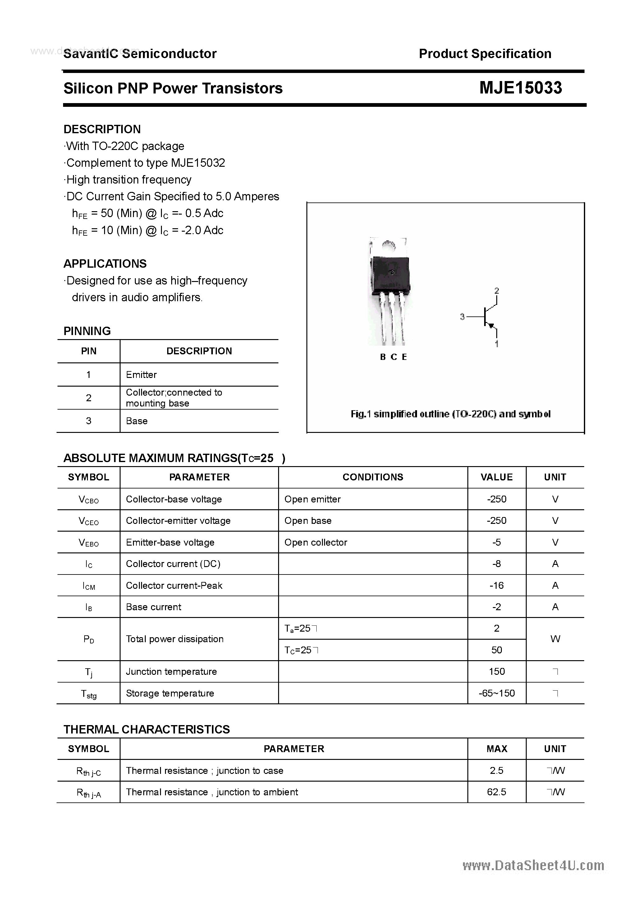 Даташит MJE15033 - Silicon PNP Power Transistors страница 1