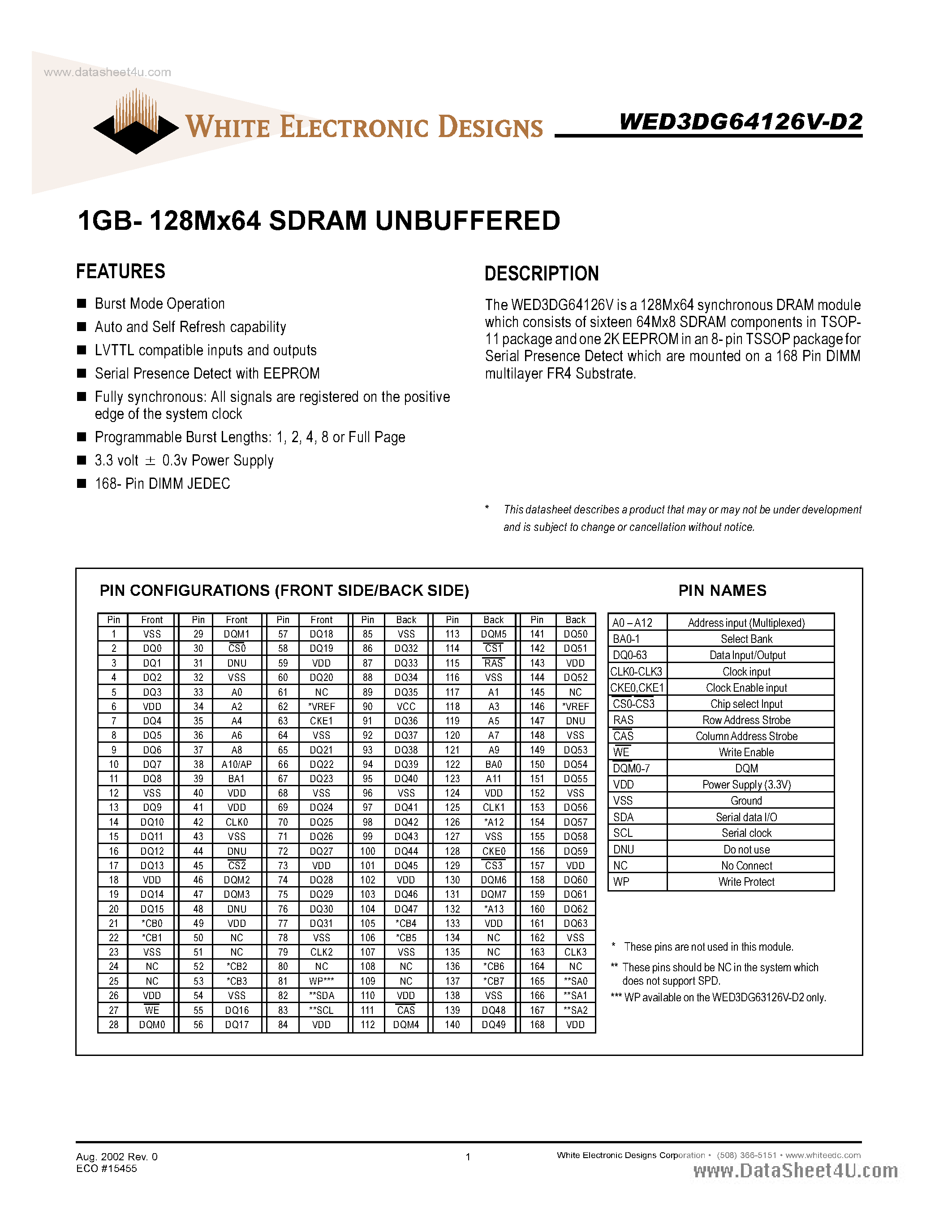 Datasheet WED3DG64126V-D2 - 1GB - 128M X 64 SDRAM Unbuffered page 1