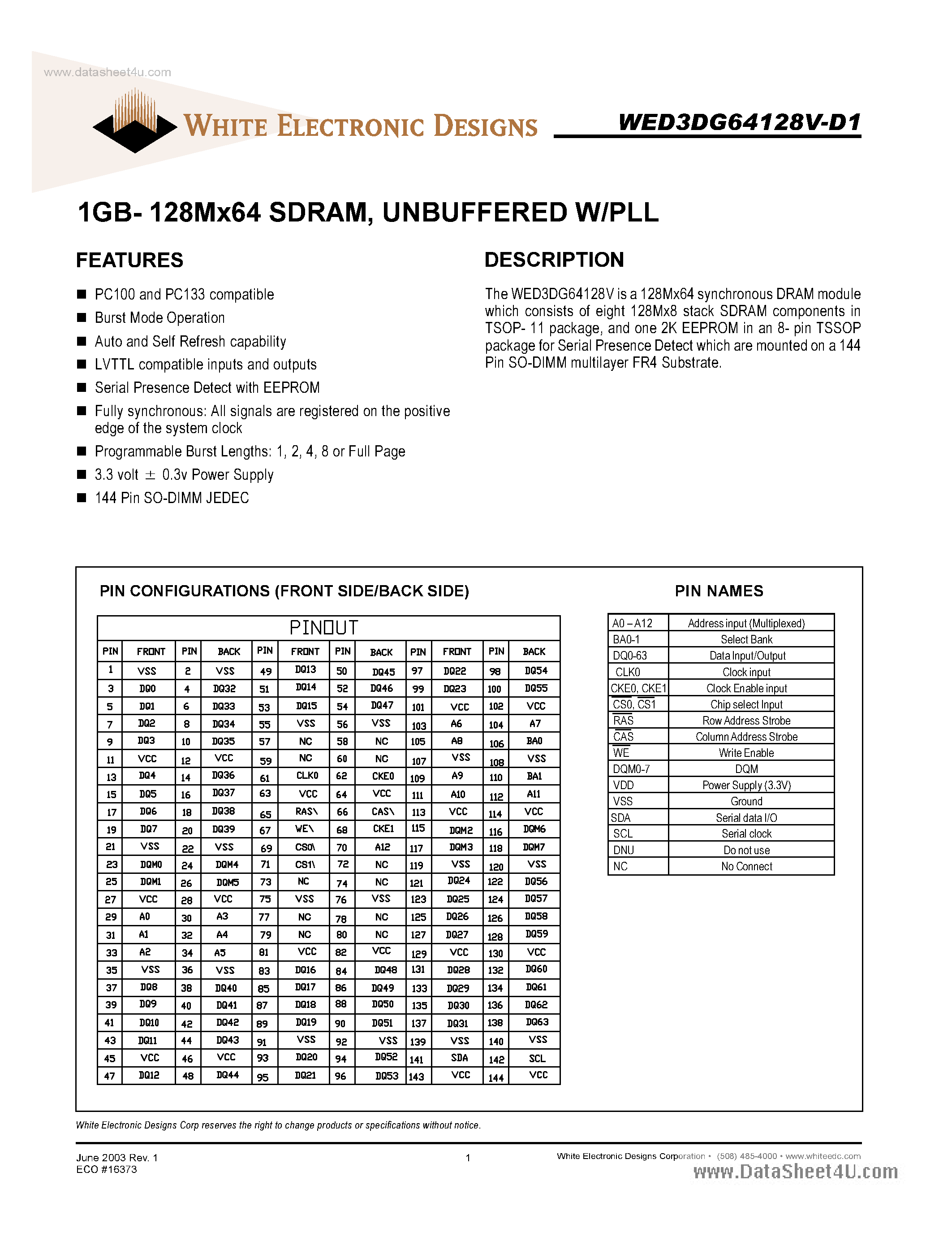 Datasheet WED3DG64128V-D1 - 1GB - 128M X 64 SDRAM Unbuffered page 1