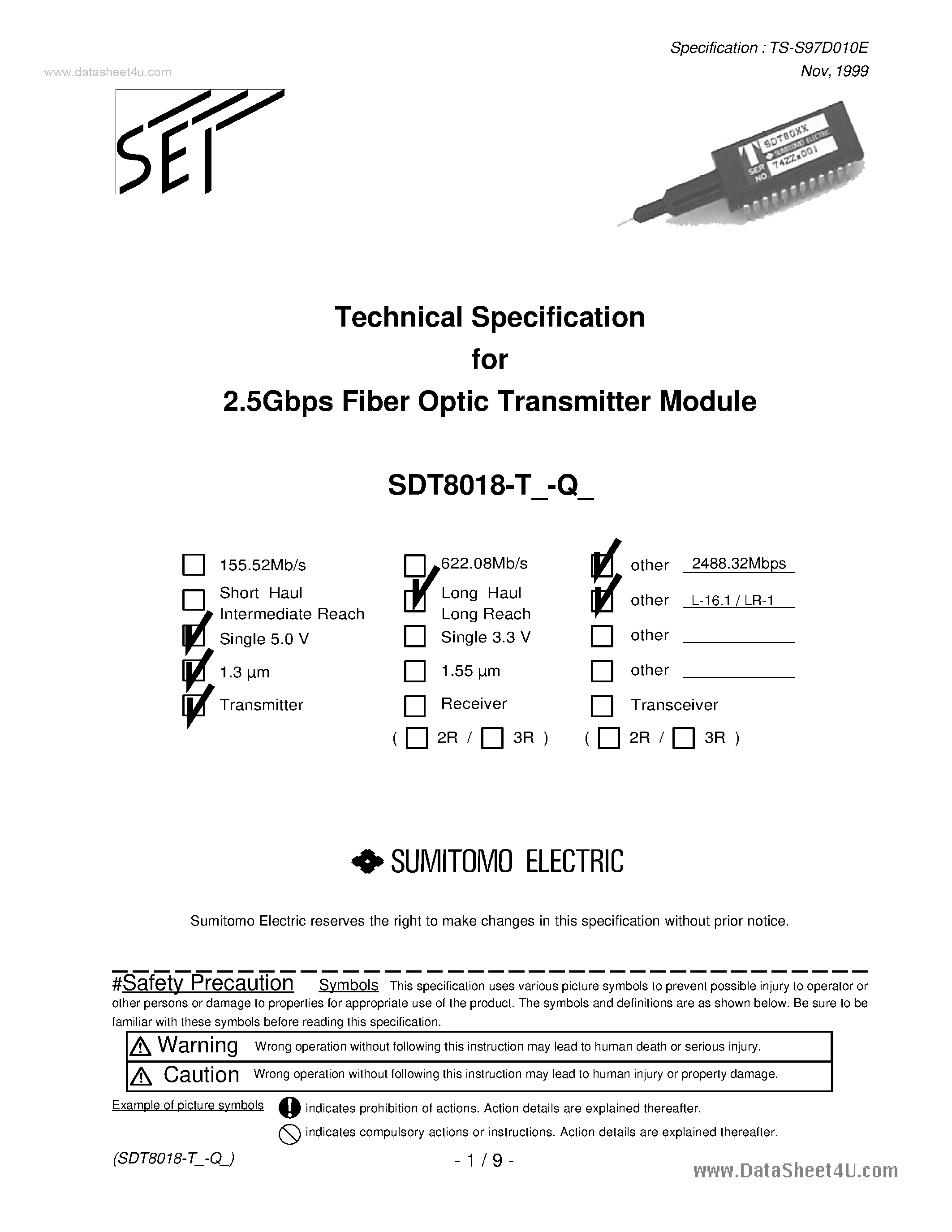 Даташит SDT8018 - 2.5Gbps Fiber Optic Transmitter Module страница 1