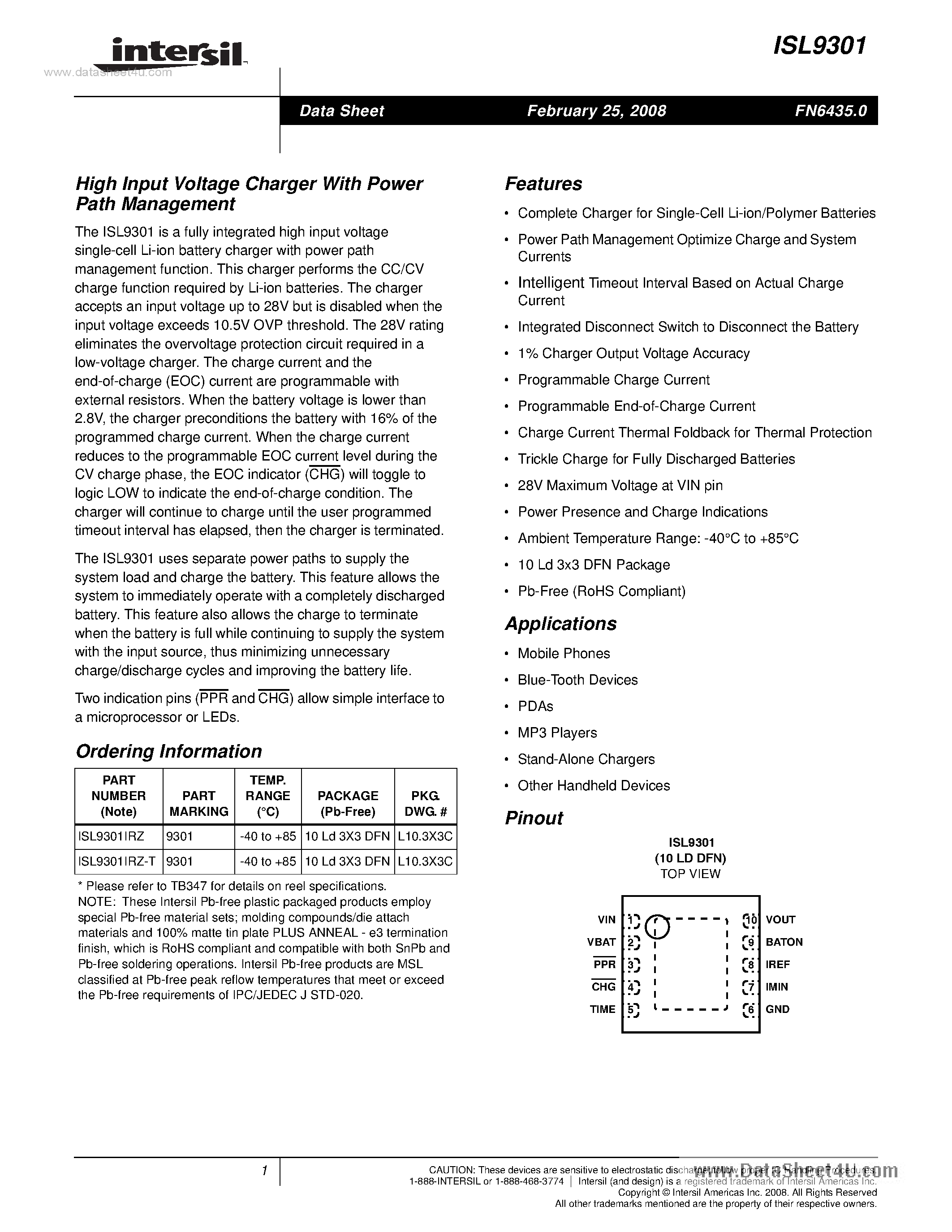 Datasheet ISL9301 - High Input Voltage Charger page 1