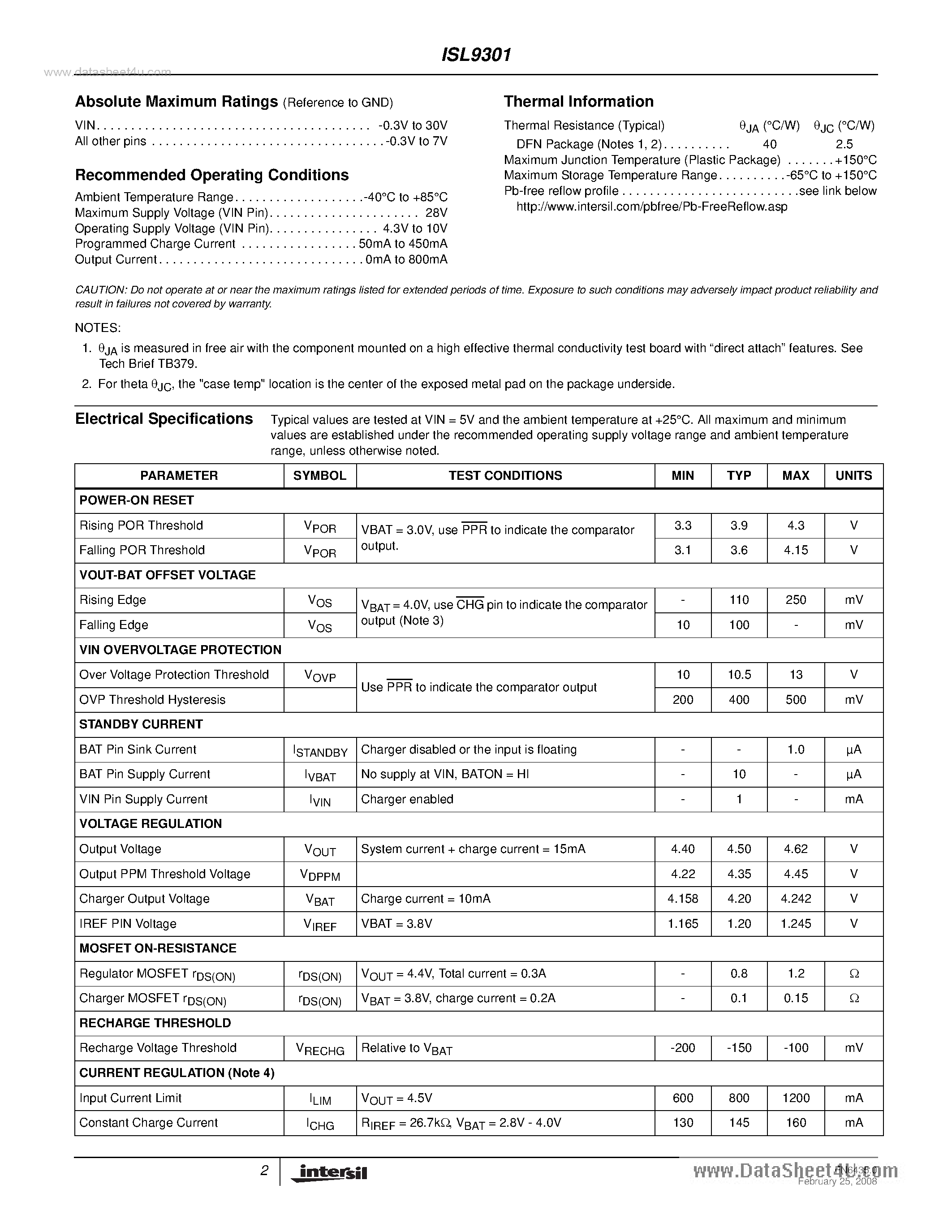 Datasheet ISL9301 - High Input Voltage Charger page 2