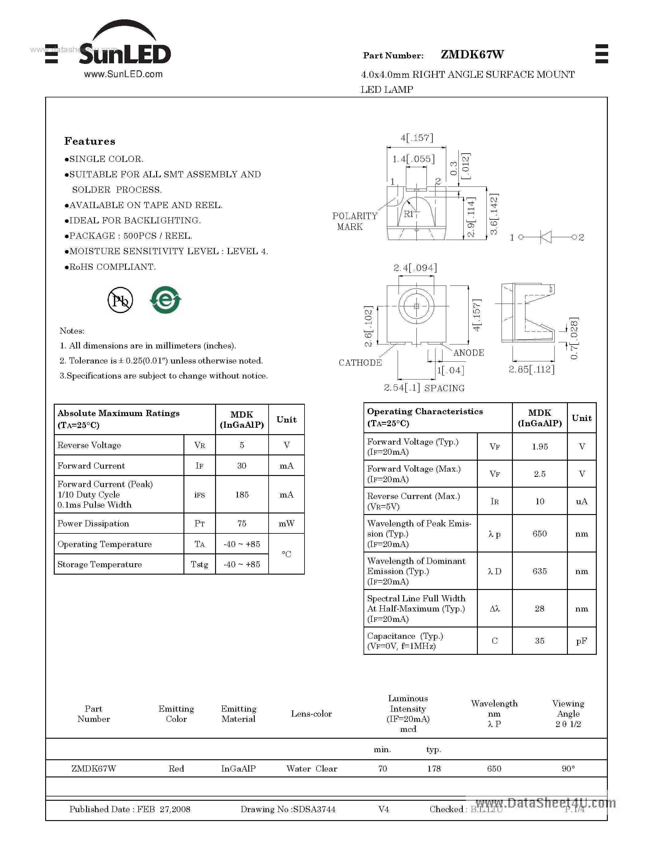 Datasheet ZMDK67W - 4.0x4.0mm RIGHT ANGLE SURFACE MOUNT LED LAMP page 1