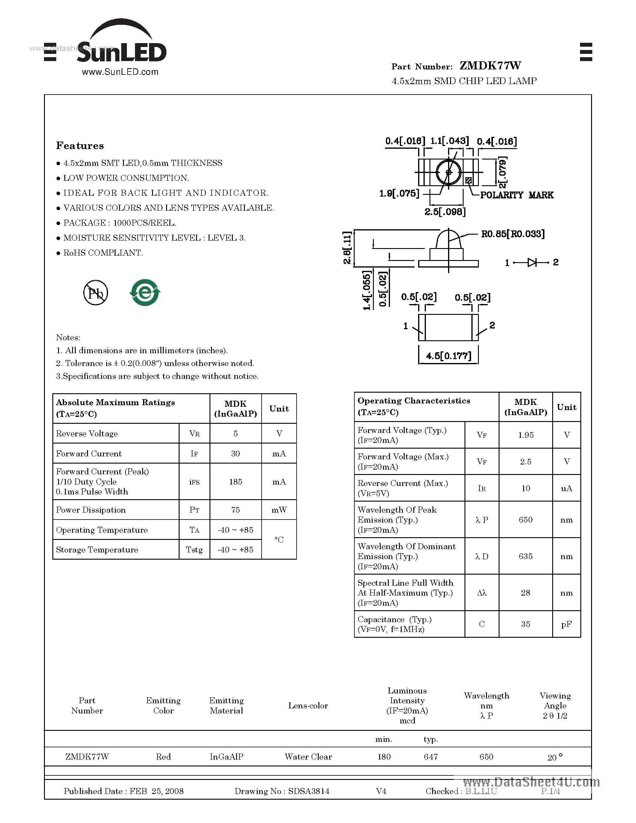 Datasheet ZMDK77W - 4.5x2mm SMD CHIP LED LAMP page 1