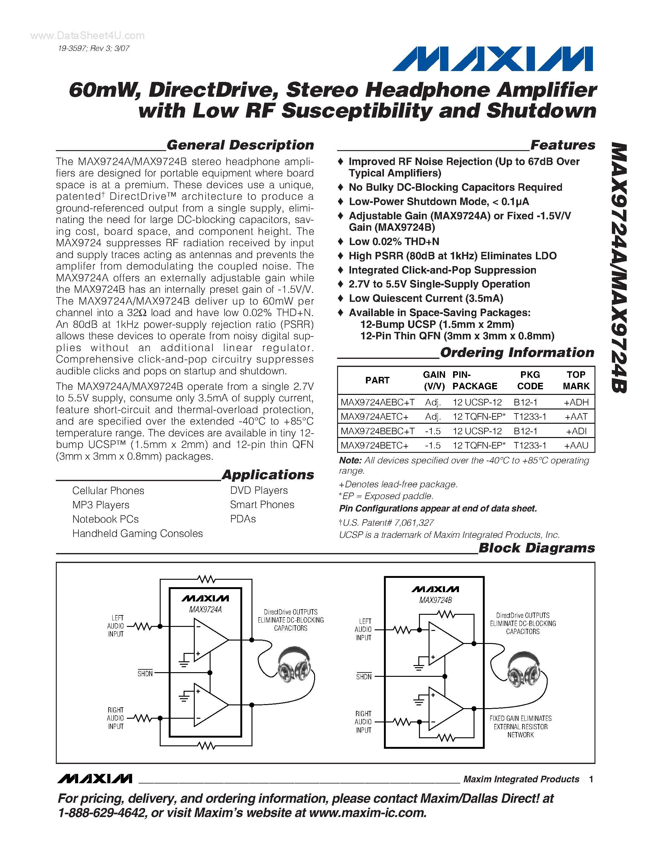 Datasheet MAX9724A - (MAX9724A/B) Stereo Headphone Amplifier page 1