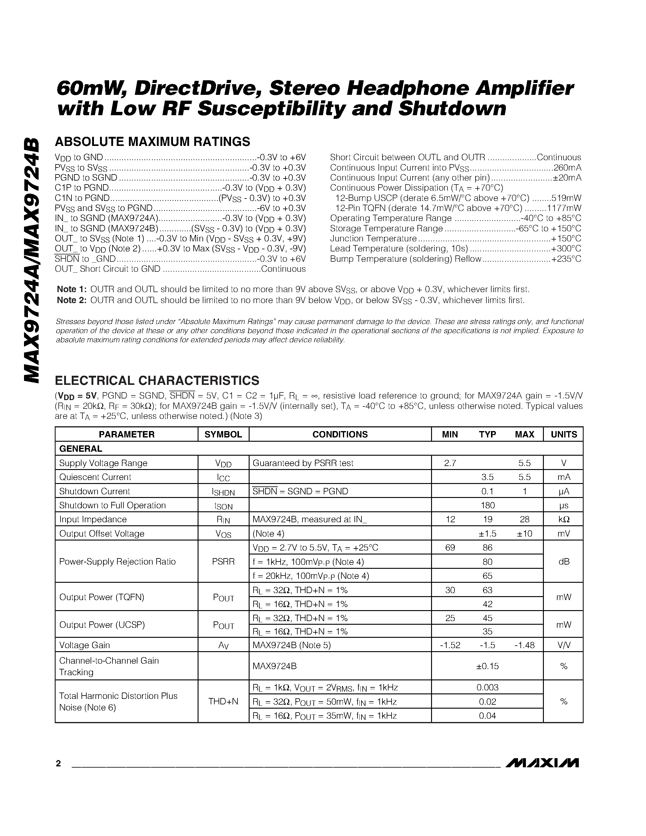 Datasheet MAX9724A - (MAX9724A/B) Stereo Headphone Amplifier page 2