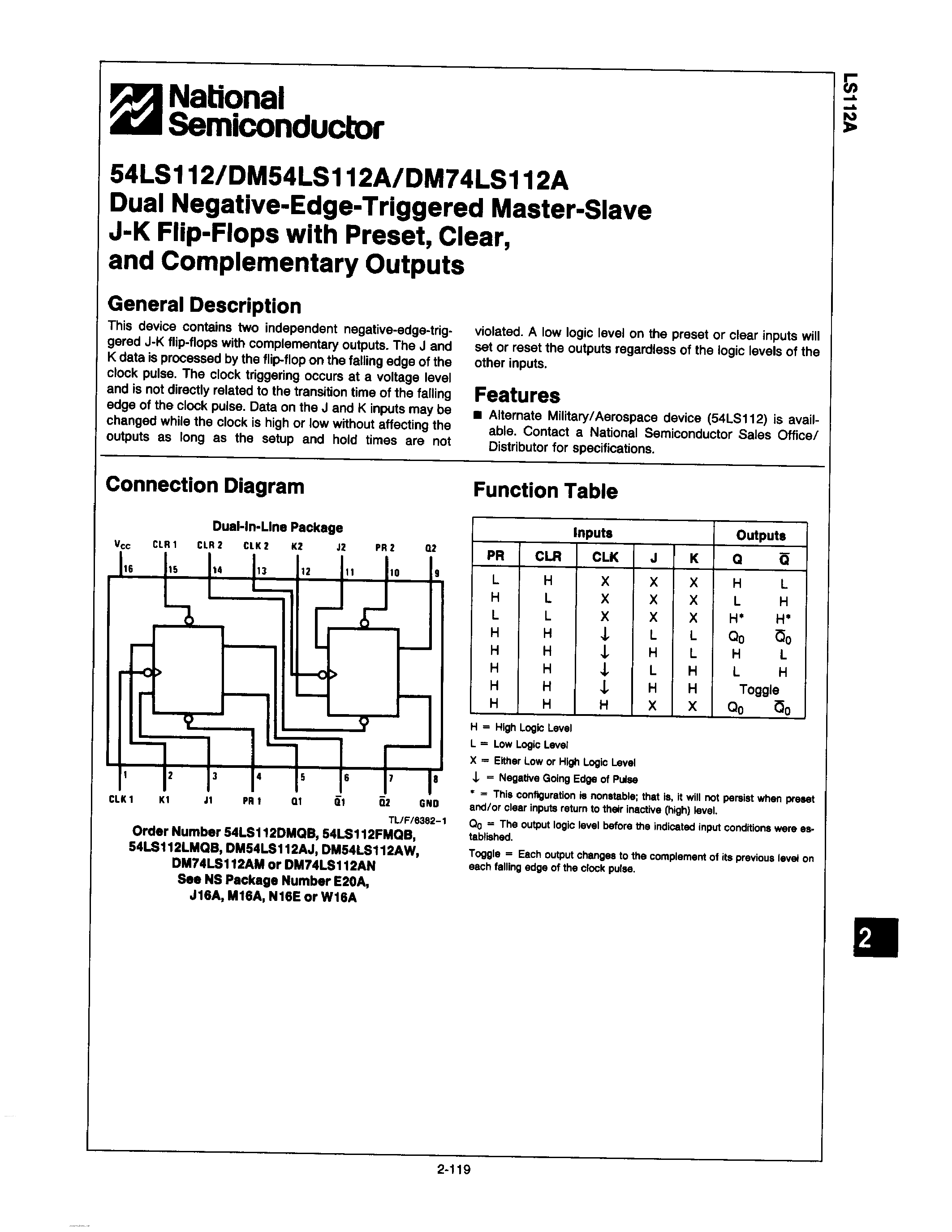 Datasheet DM74LS112A - NEGATIVE-EDGE-TRIGERED MASTER-SLAVE J-K FLIP-FLOPS page 1