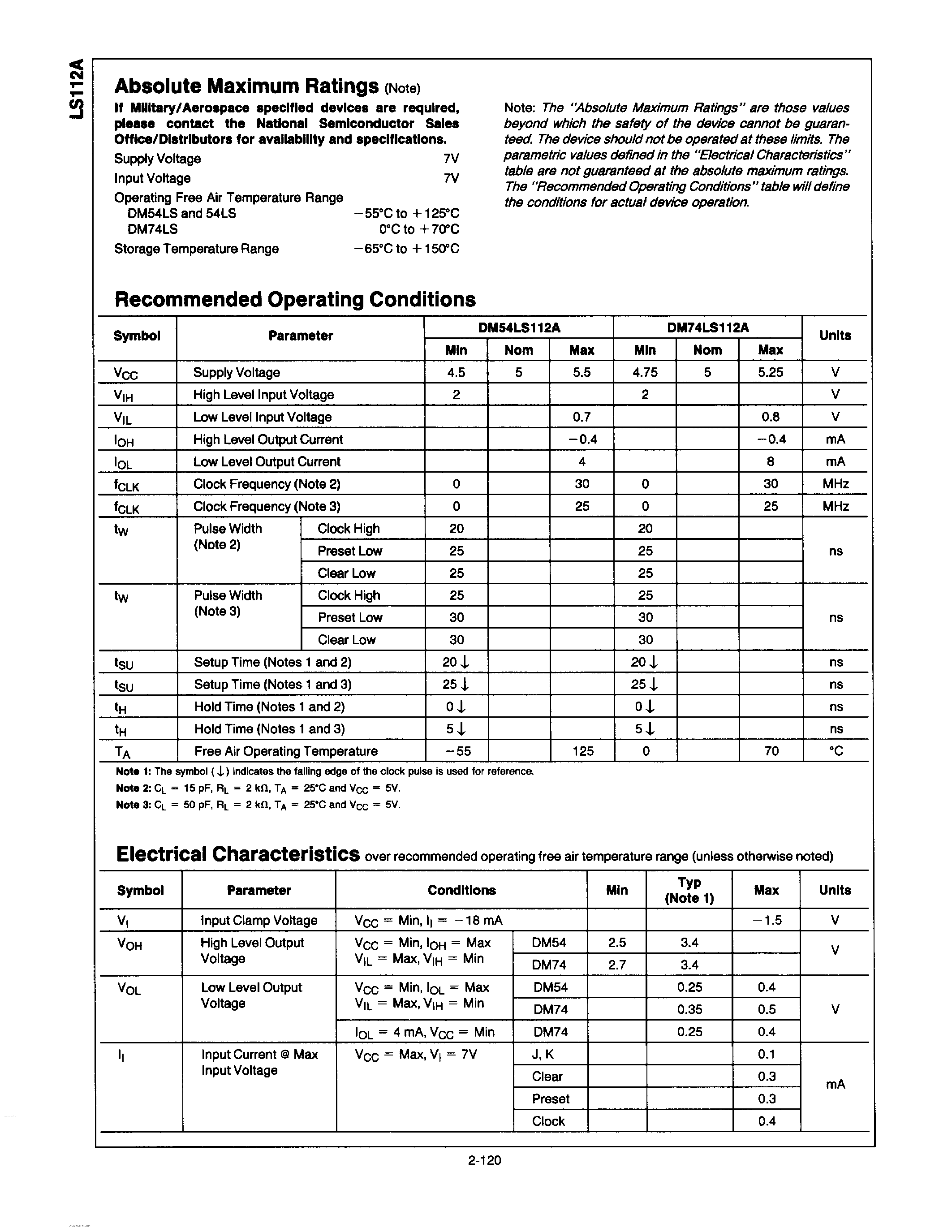 Datasheet DM74LS112A - NEGATIVE-EDGE-TRIGERED MASTER-SLAVE J-K FLIP-FLOPS page 2