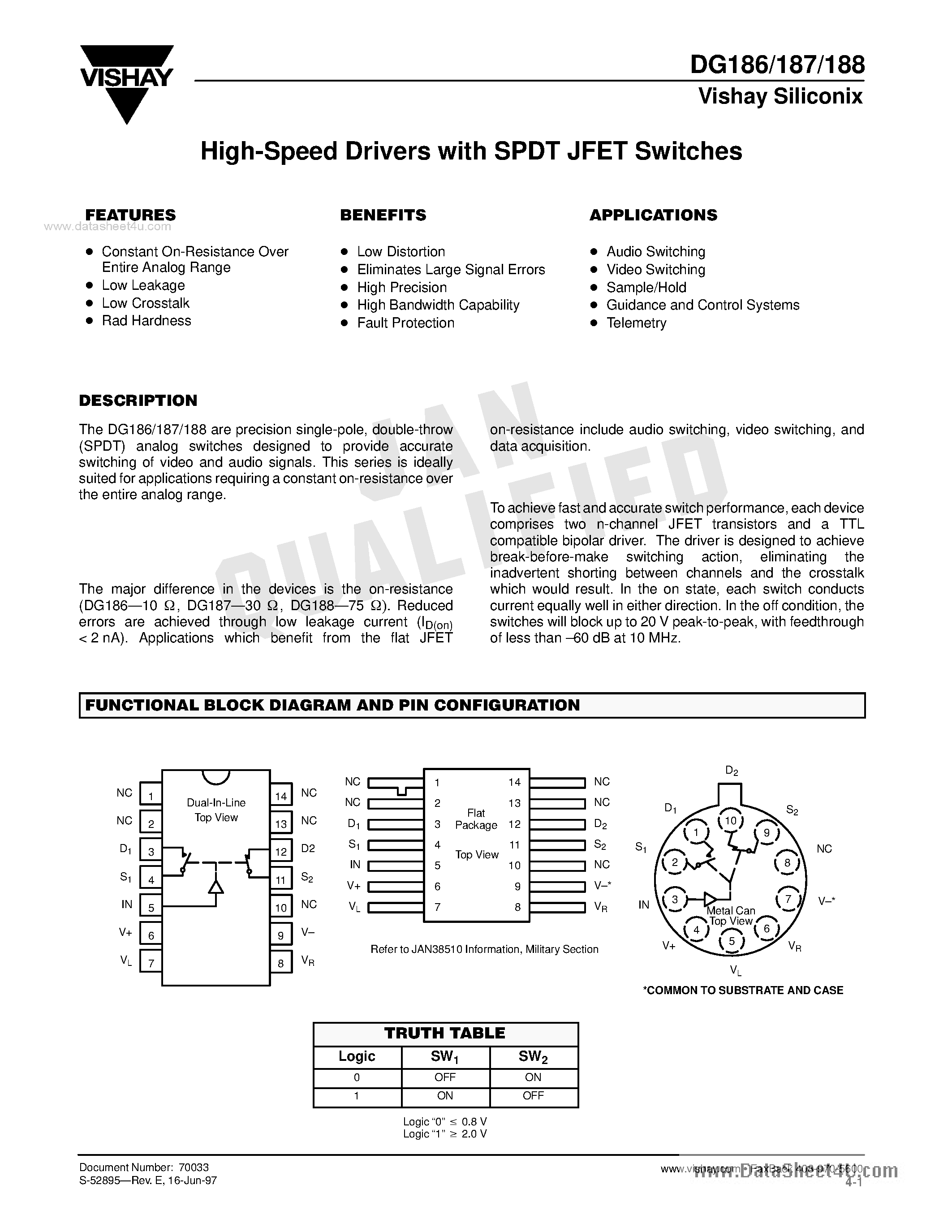 Даташит DG188 - (DG186 - DG188) Hi-speed DRVRS W/spdt JFET Switches страница 1