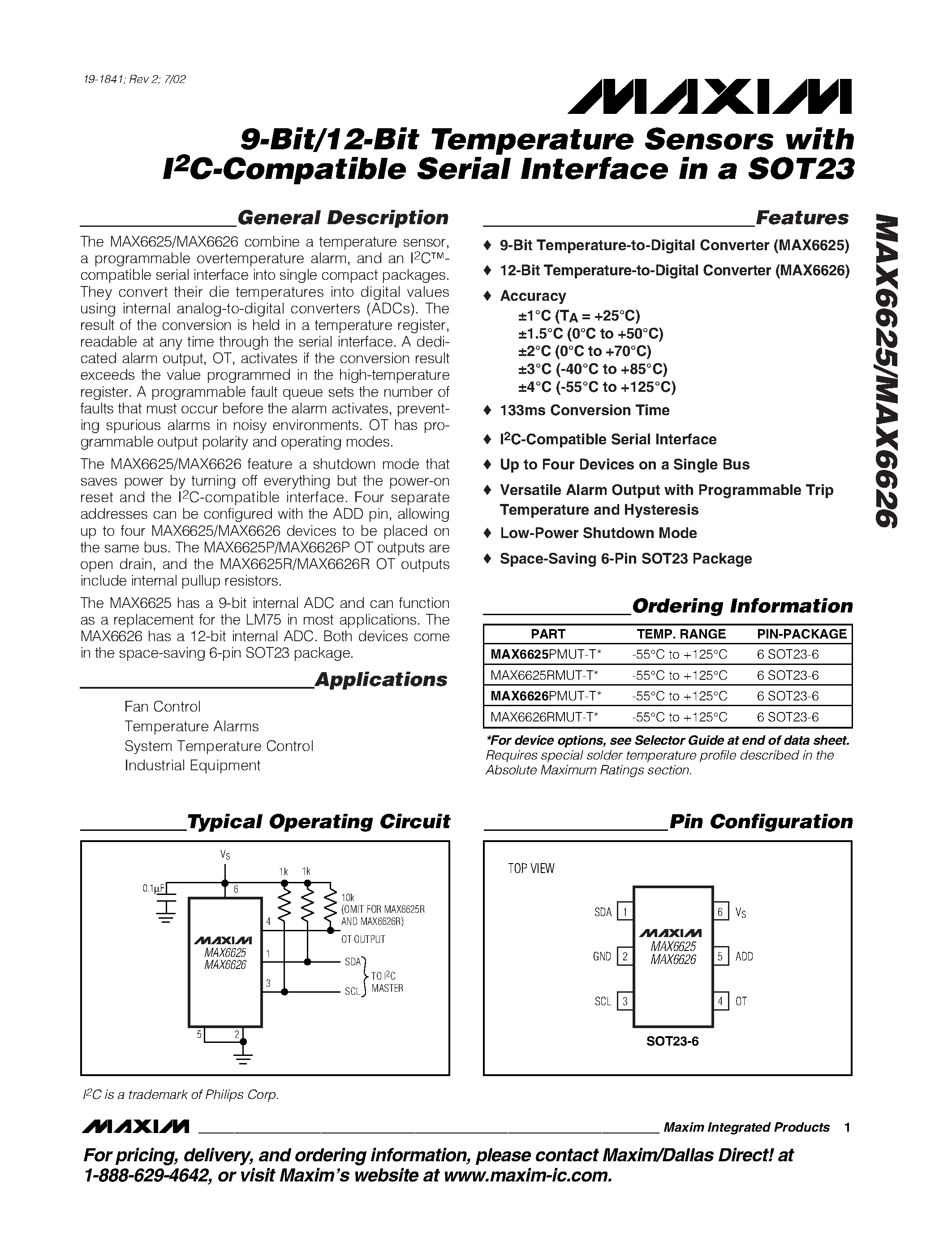 Даташит MAX6625 - 9-Bit/12-Bit Temperature Sensors with I2C-Compatible Serial Interface in a SOT23 страница 1