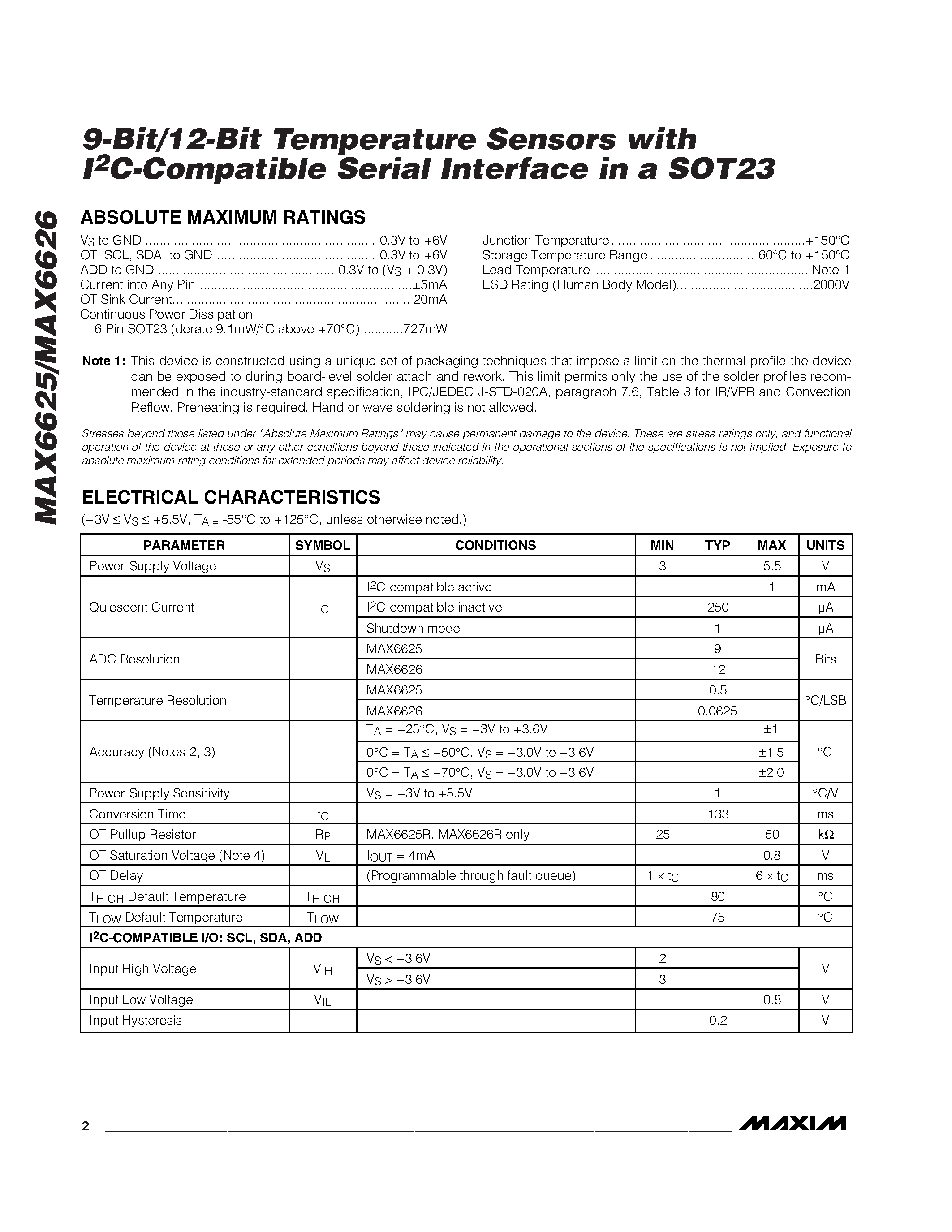 Даташит MAX6625 - 9-Bit/12-Bit Temperature Sensors with I2C-Compatible Serial Interface in a SOT23 страница 2