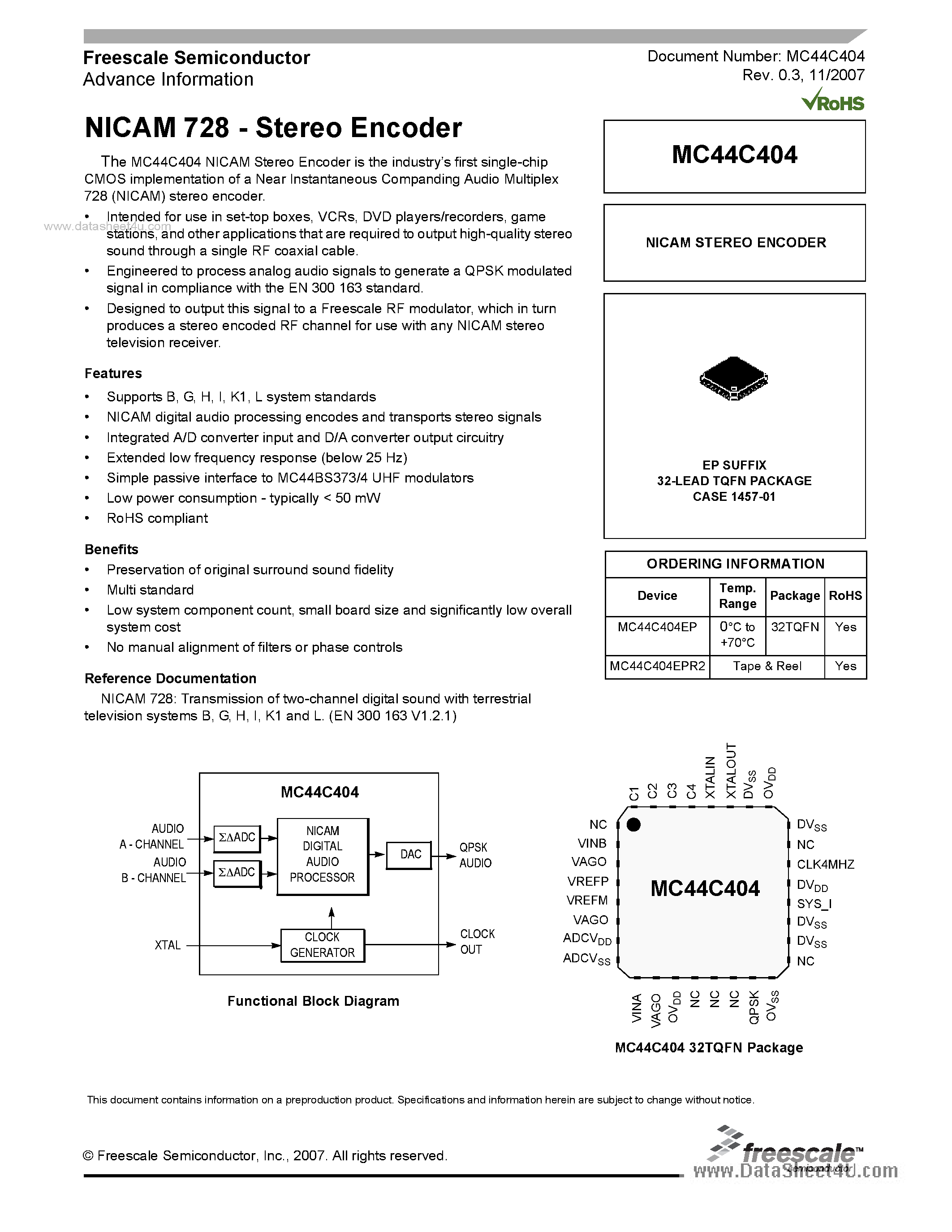 Datasheet MC44C404 - Stereo Encoder page 1