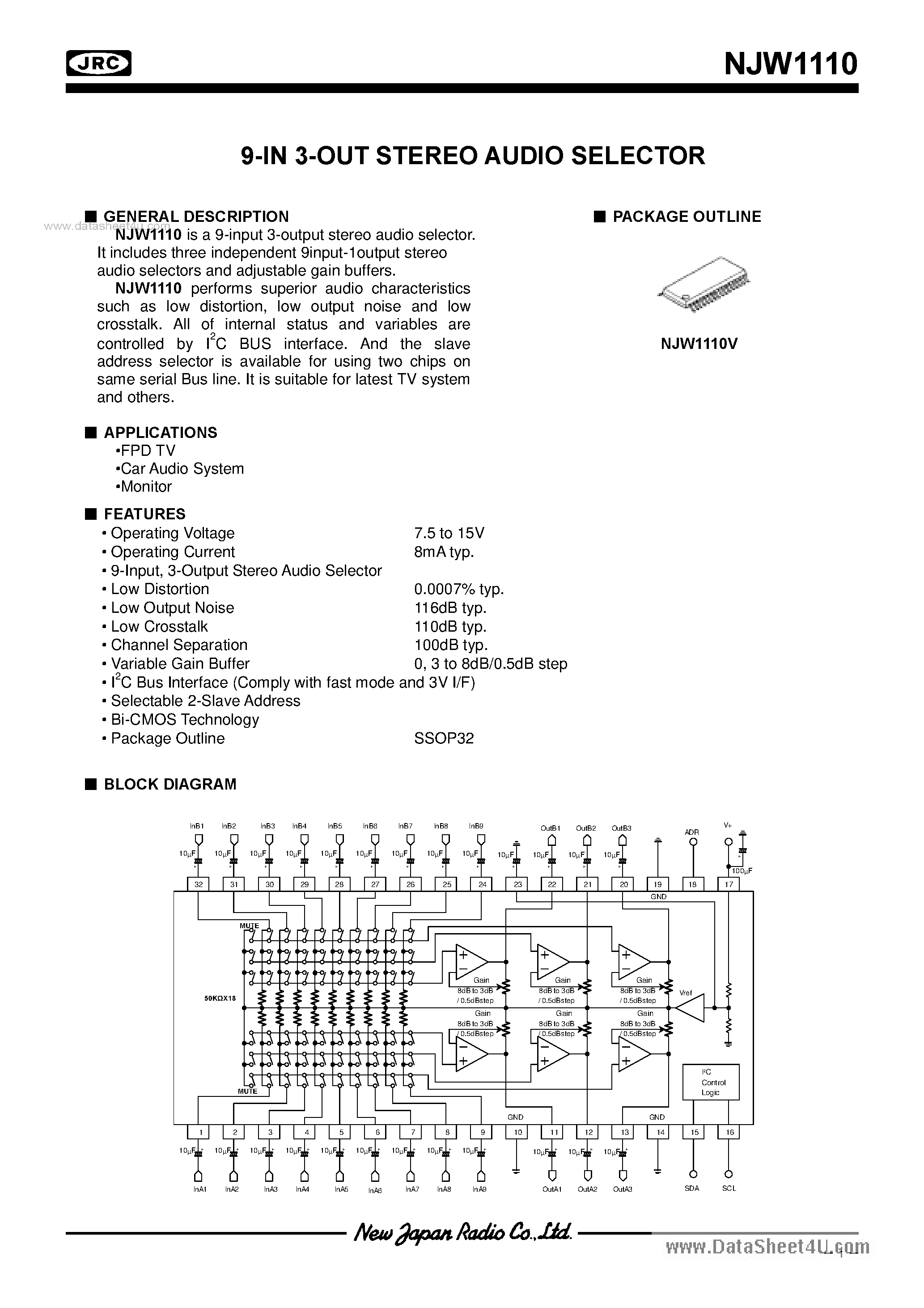 Даташит NJW1110 - 9-IN 3-OUT STEREO AUDIO SELECTOR страница 1