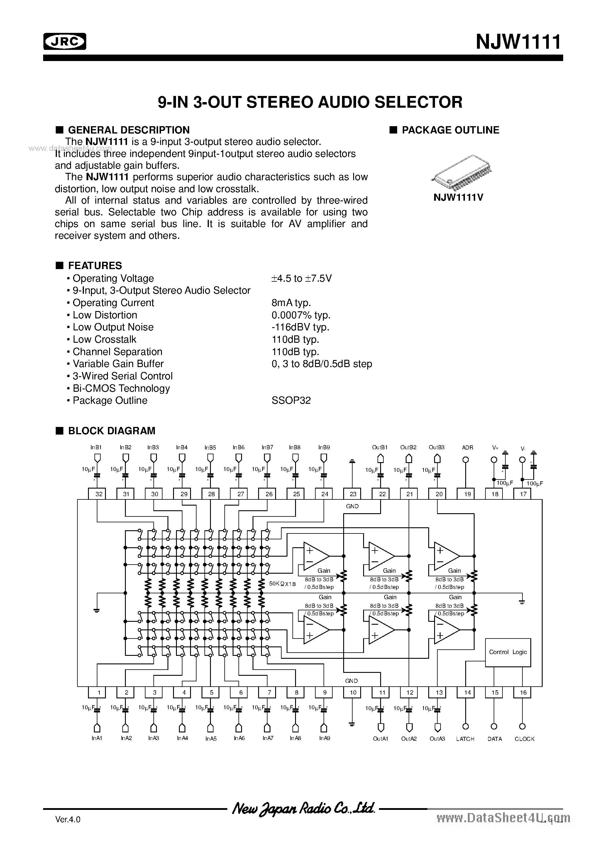 Даташит NJW1111 - 9-IN 3-OUT STEREO AUDIO SELECTOR страница 1