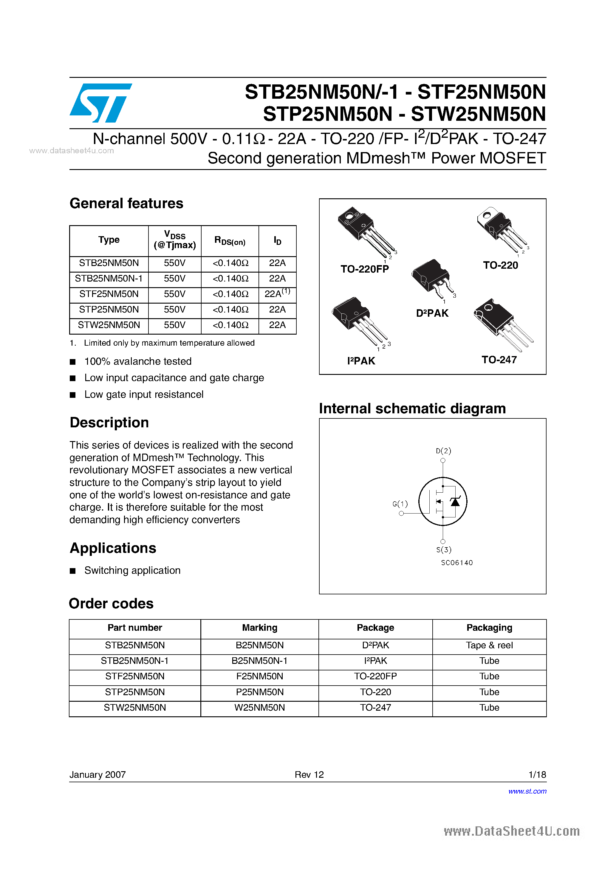 Даташит STP25NM50N - N-channel Power MOSFET страница 1