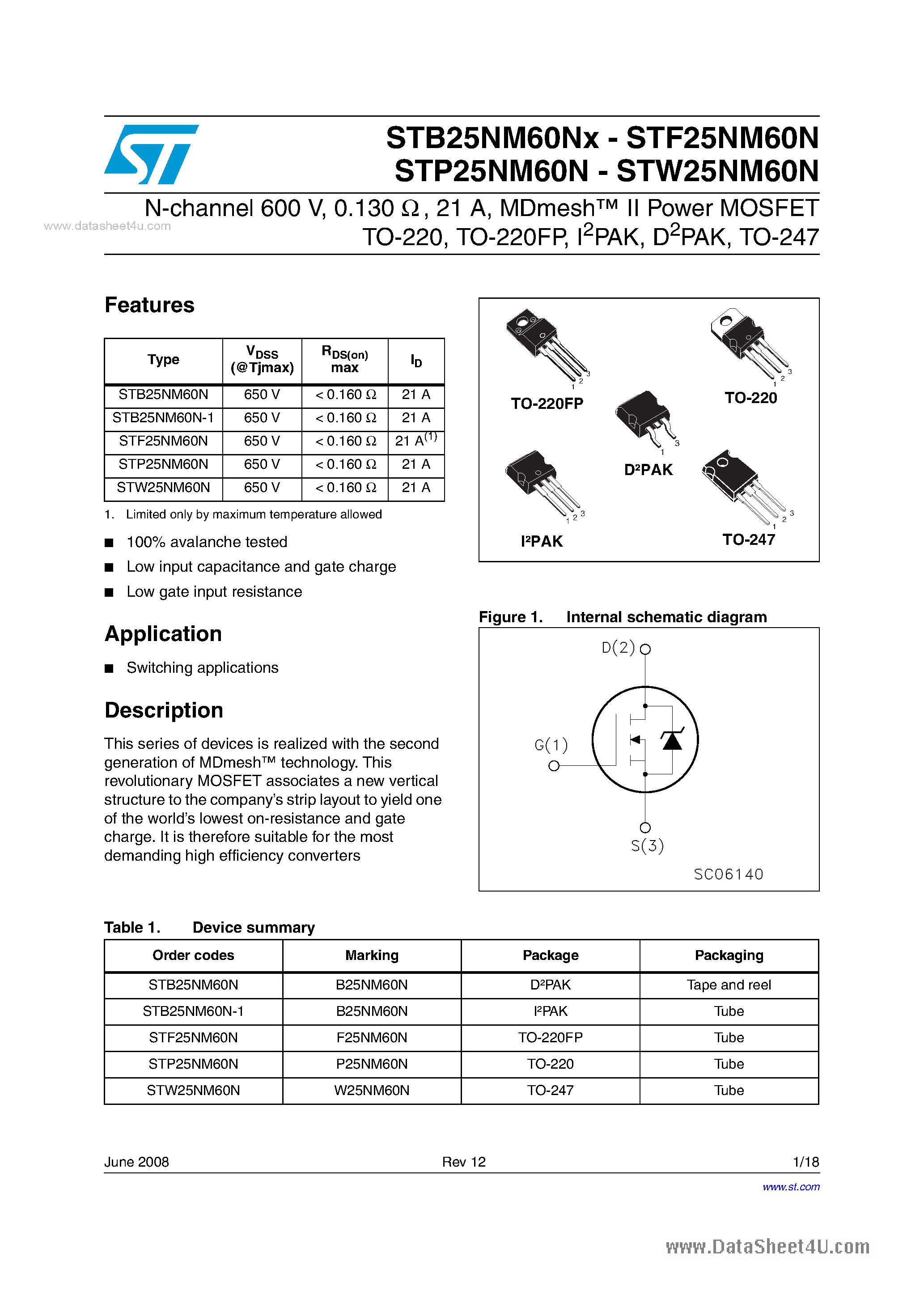 Даташит STP25NM60N - N-channel Power MOSFET страница 1