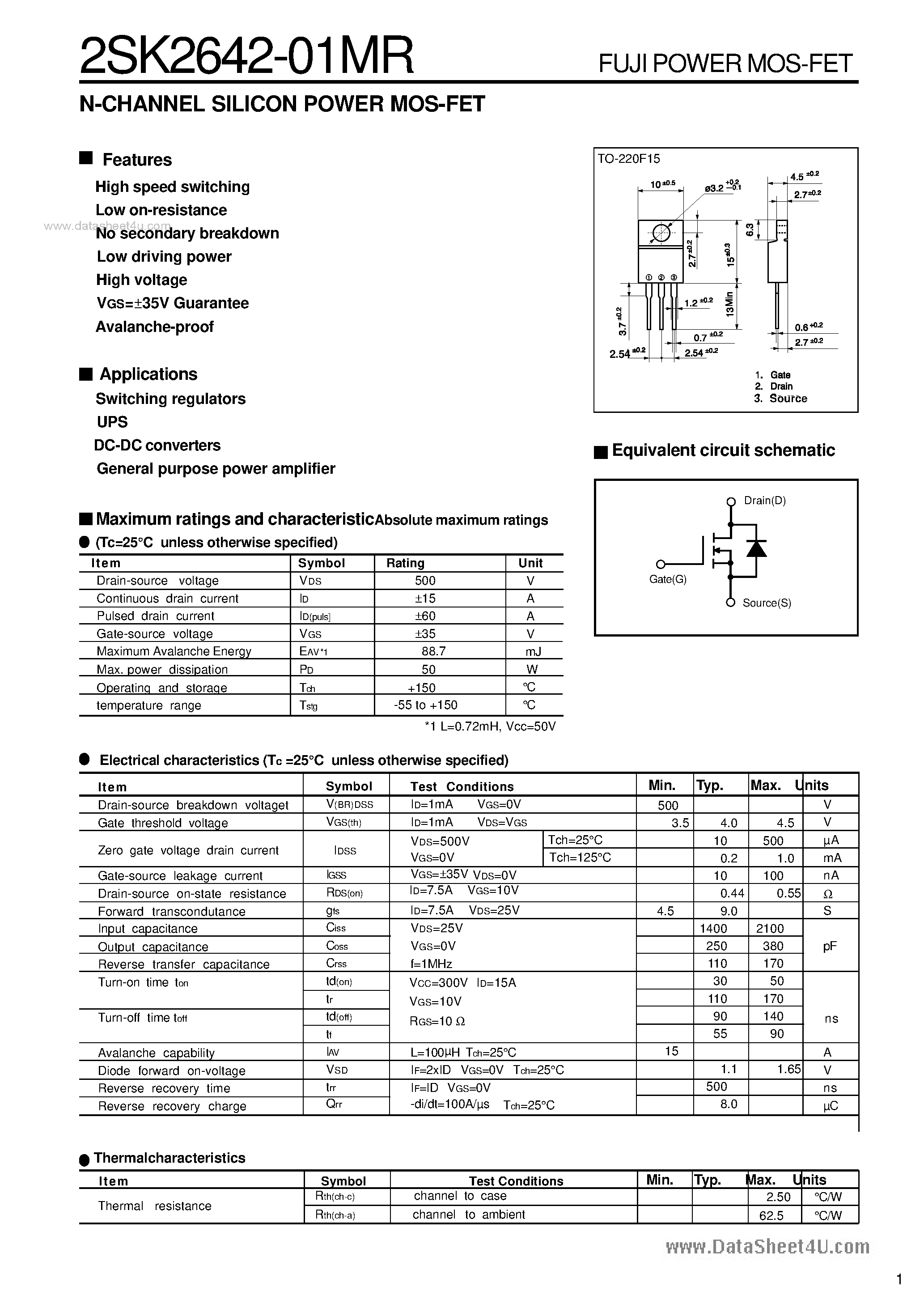 Datasheet K2642-01MR - Search -----> 2SK2642-01MR page 1