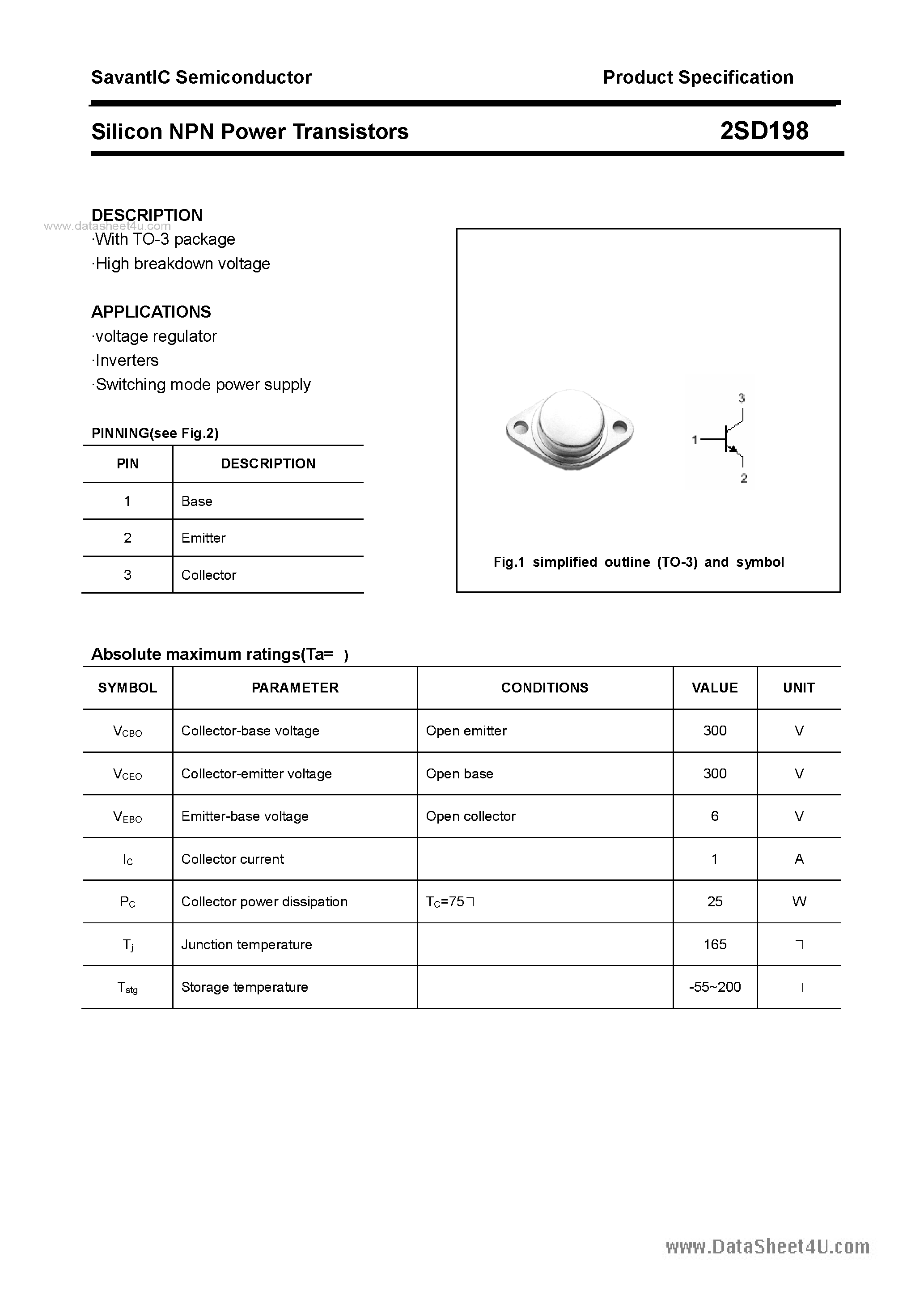 Даташит 2SD198 - SILICON POWER TRANSISTOR страница 1