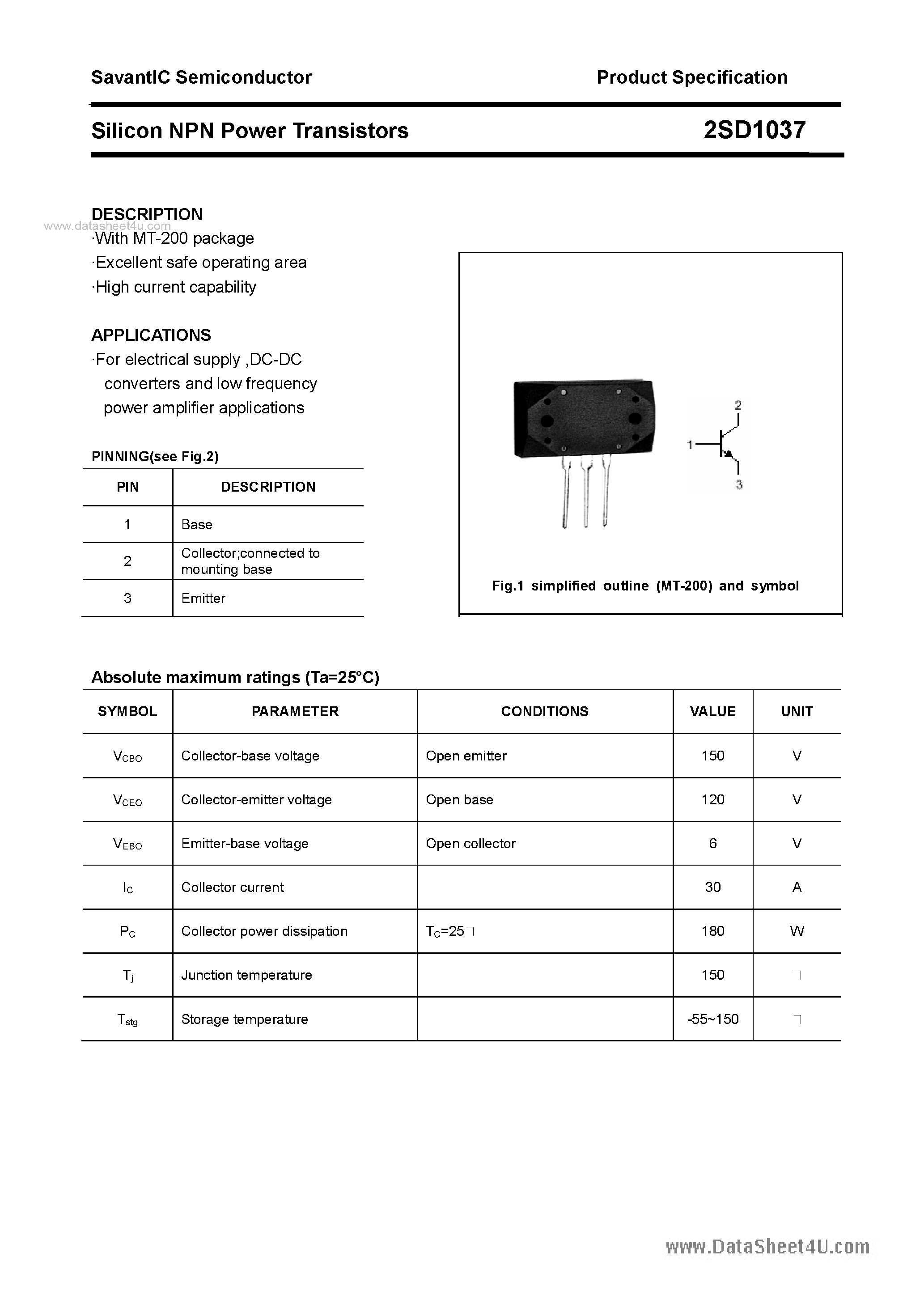 Datasheet 2SD1037 - SILICON POWER TRANSISTOR page 1