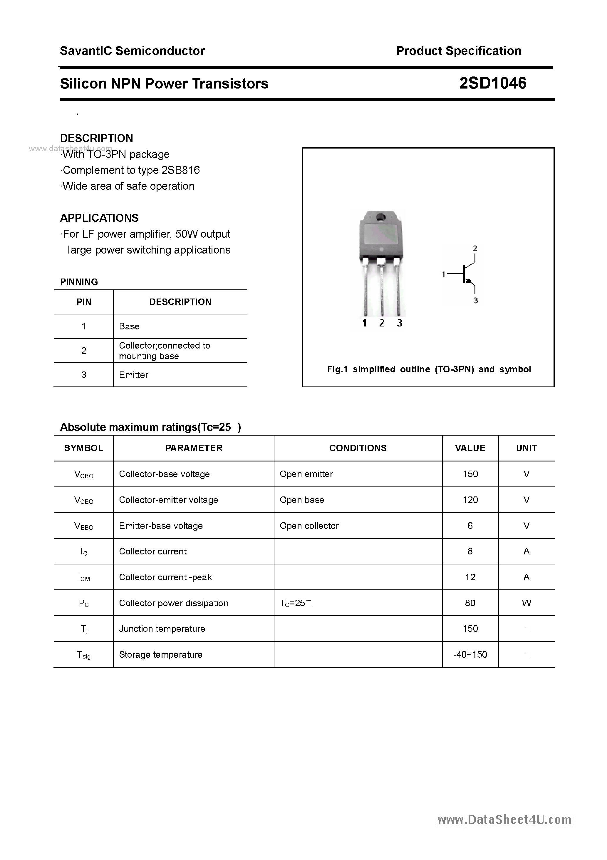 Datasheet 2SD1046 - SILICON POWER TRANSISTOR page 1