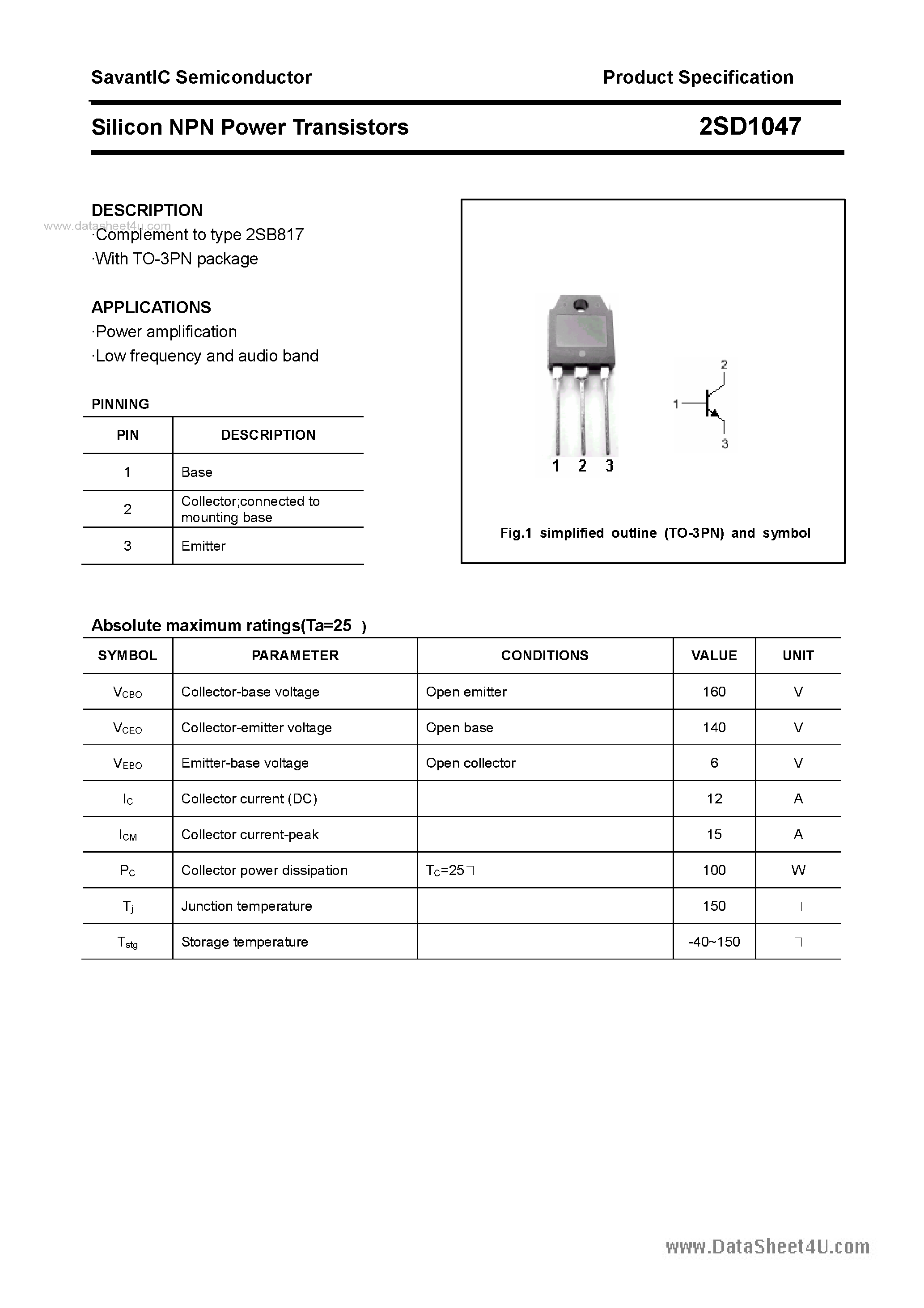 Datasheet 2SD1047 - SILICON POWER TRANSISTOR page 1