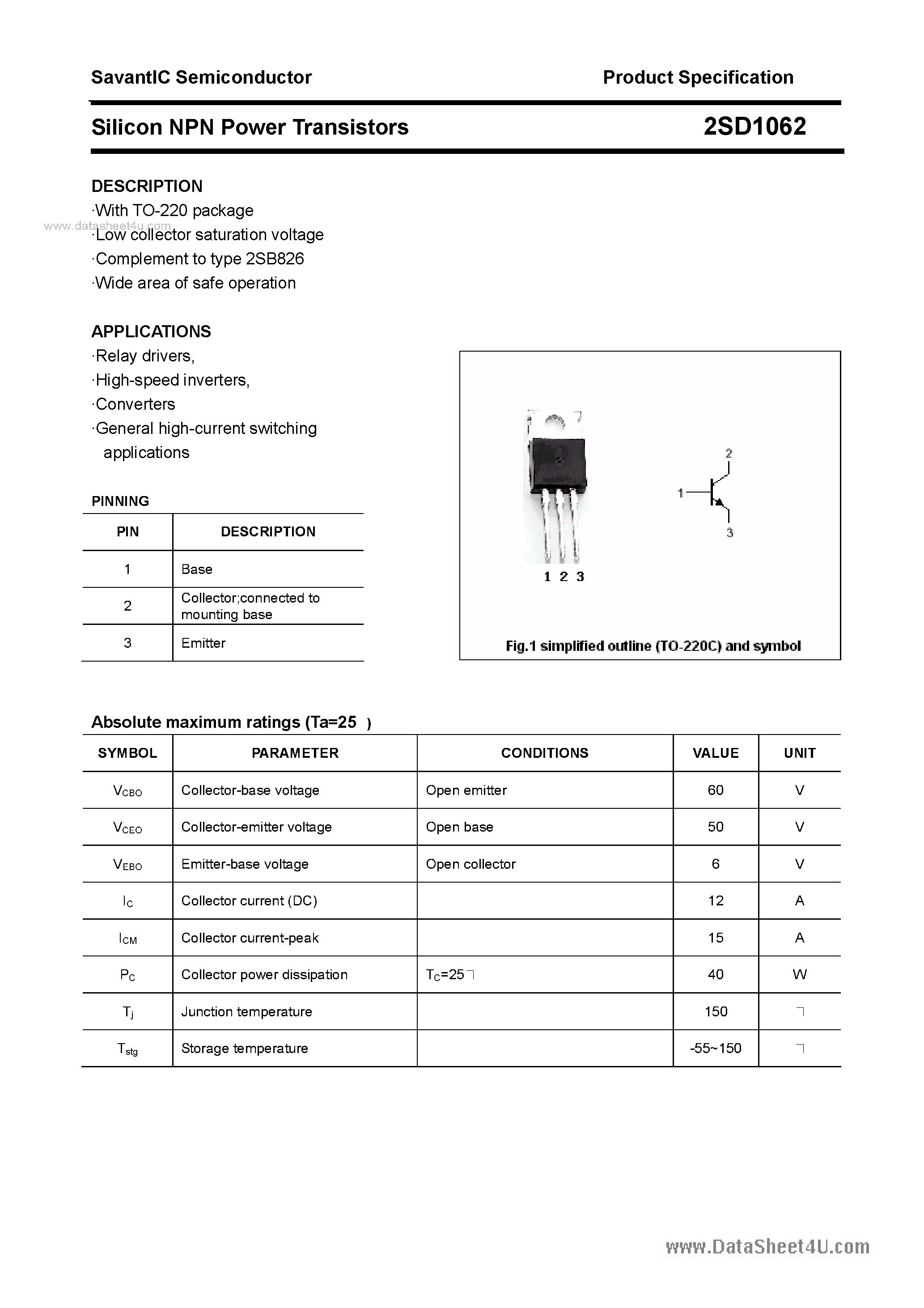 Datasheet 2SD1062 - SILICON POWER TRANSISTOR page 1