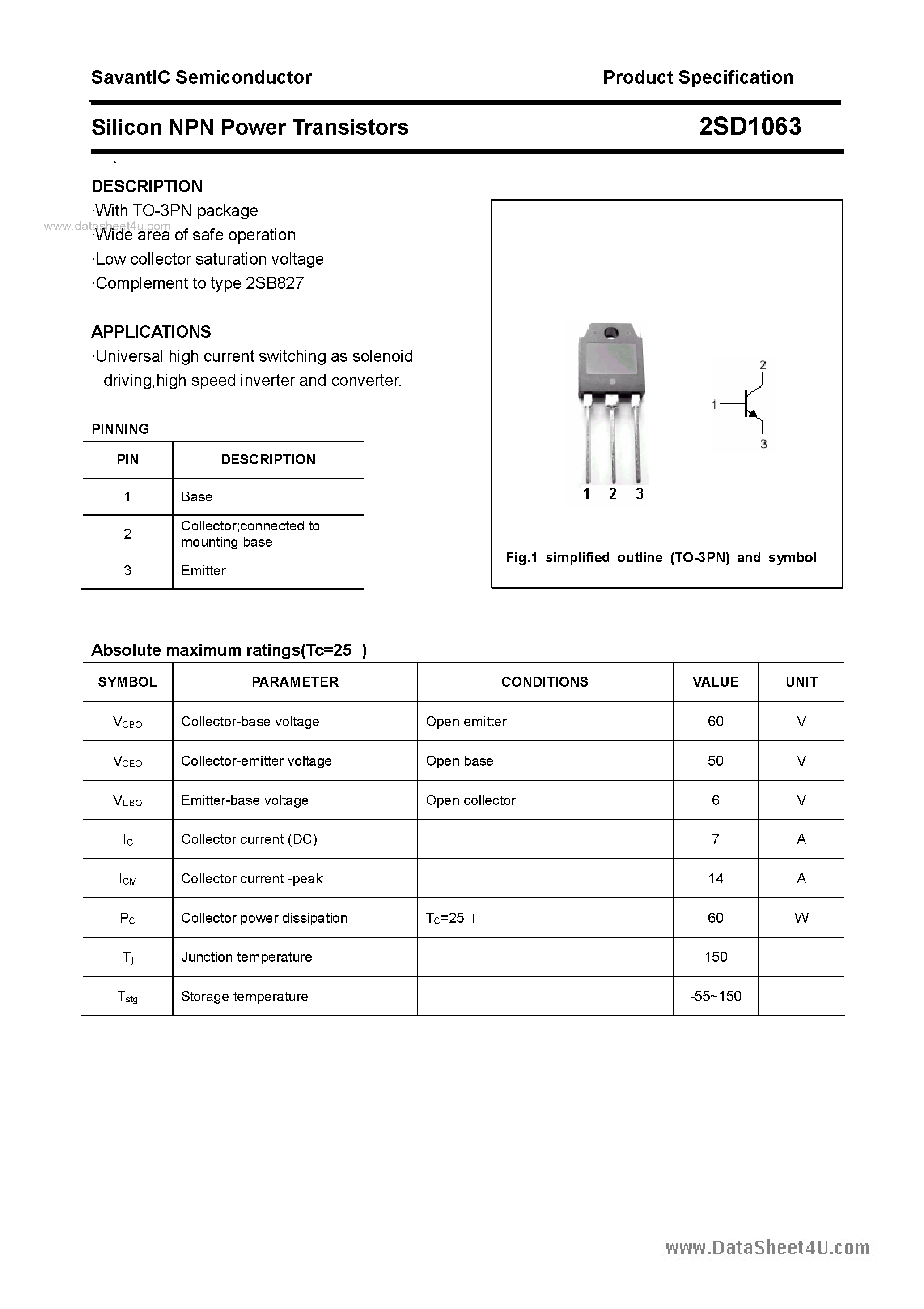 Datasheet 2SD1063 - SILICON POWER TRANSISTOR page 1