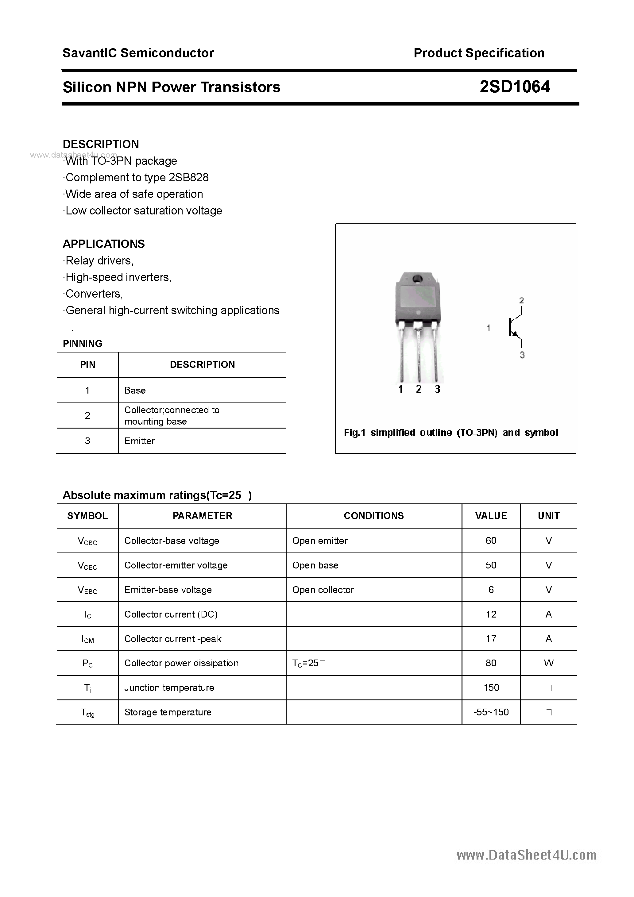 Datasheet 2SD1064 - SILICON POWER TRANSISTOR page 1