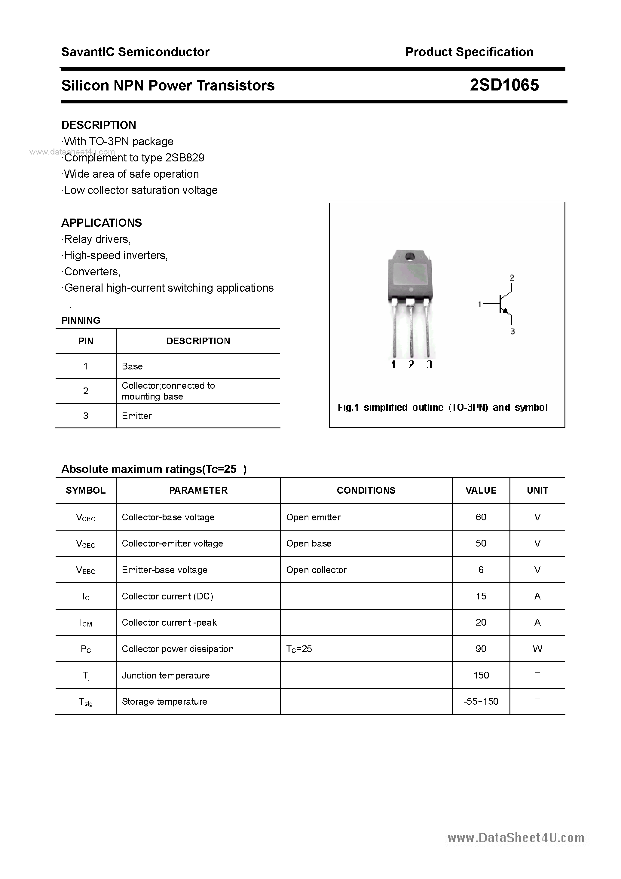 Datasheet 2SD1065 - SILICON POWER TRANSISTOR page 1