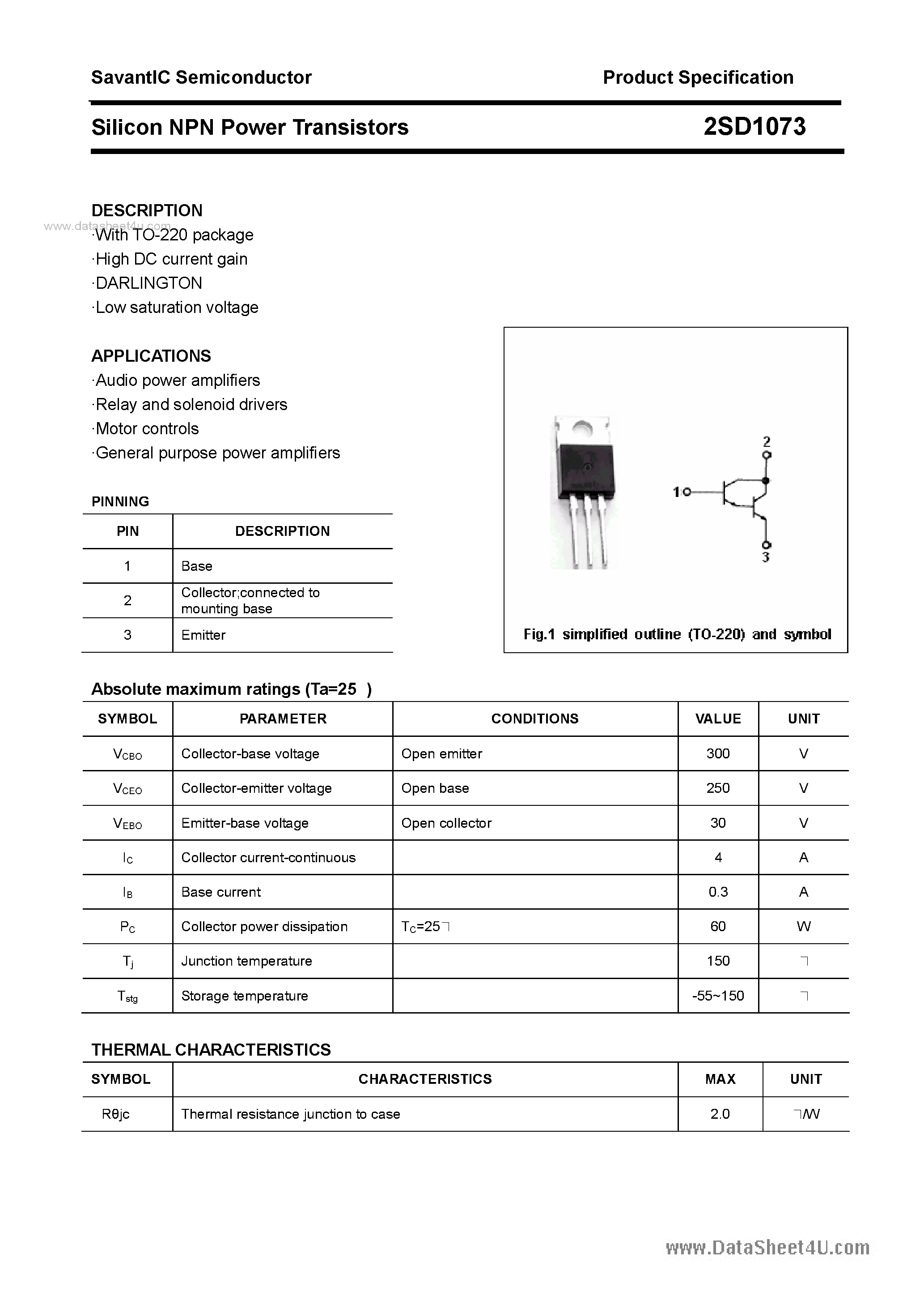 Datasheet 2SD1073 - SILICON POWER TRANSISTOR page 1