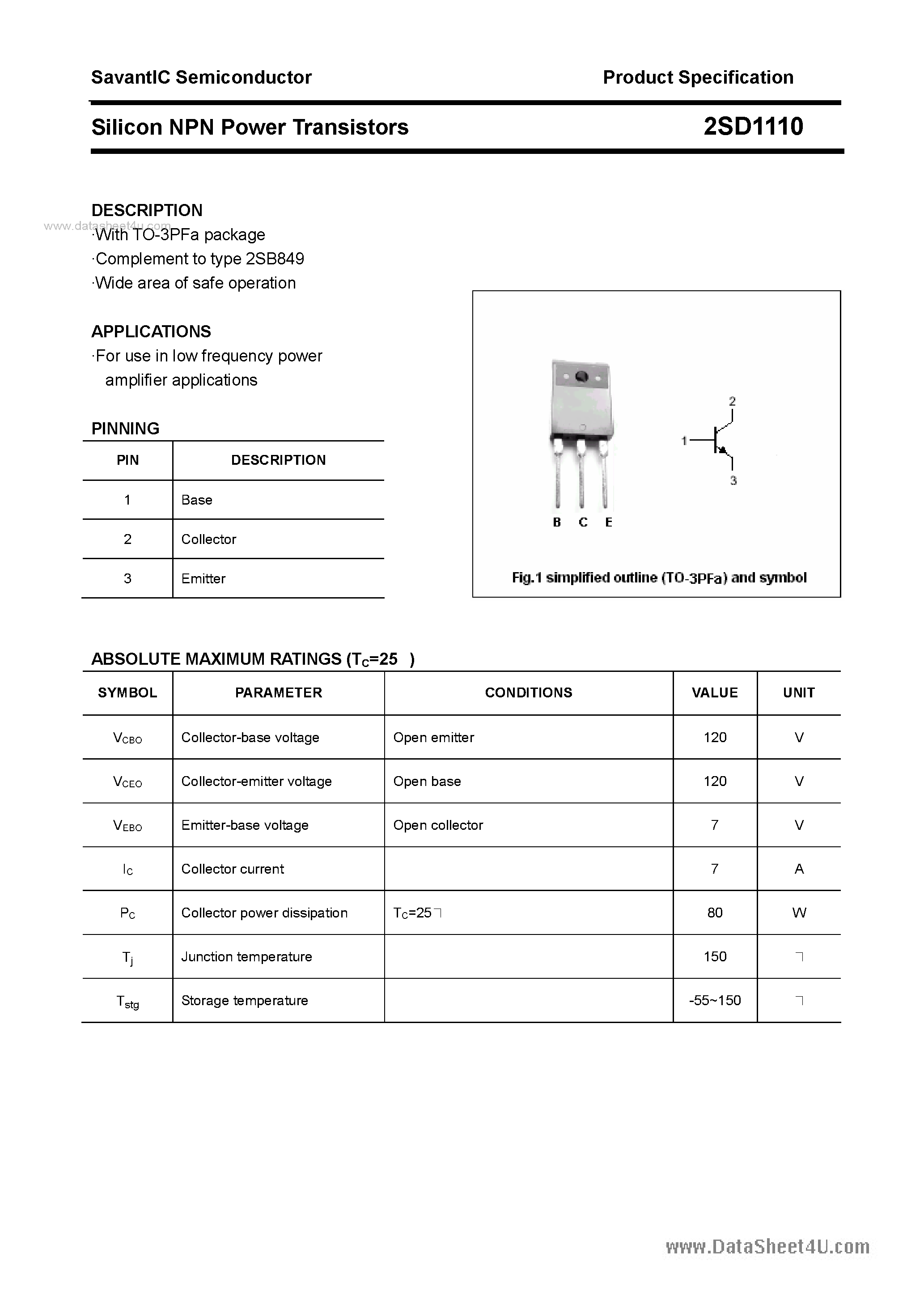 Даташит 2SD1110 - SILICON POWER TRANSISTOR страница 1