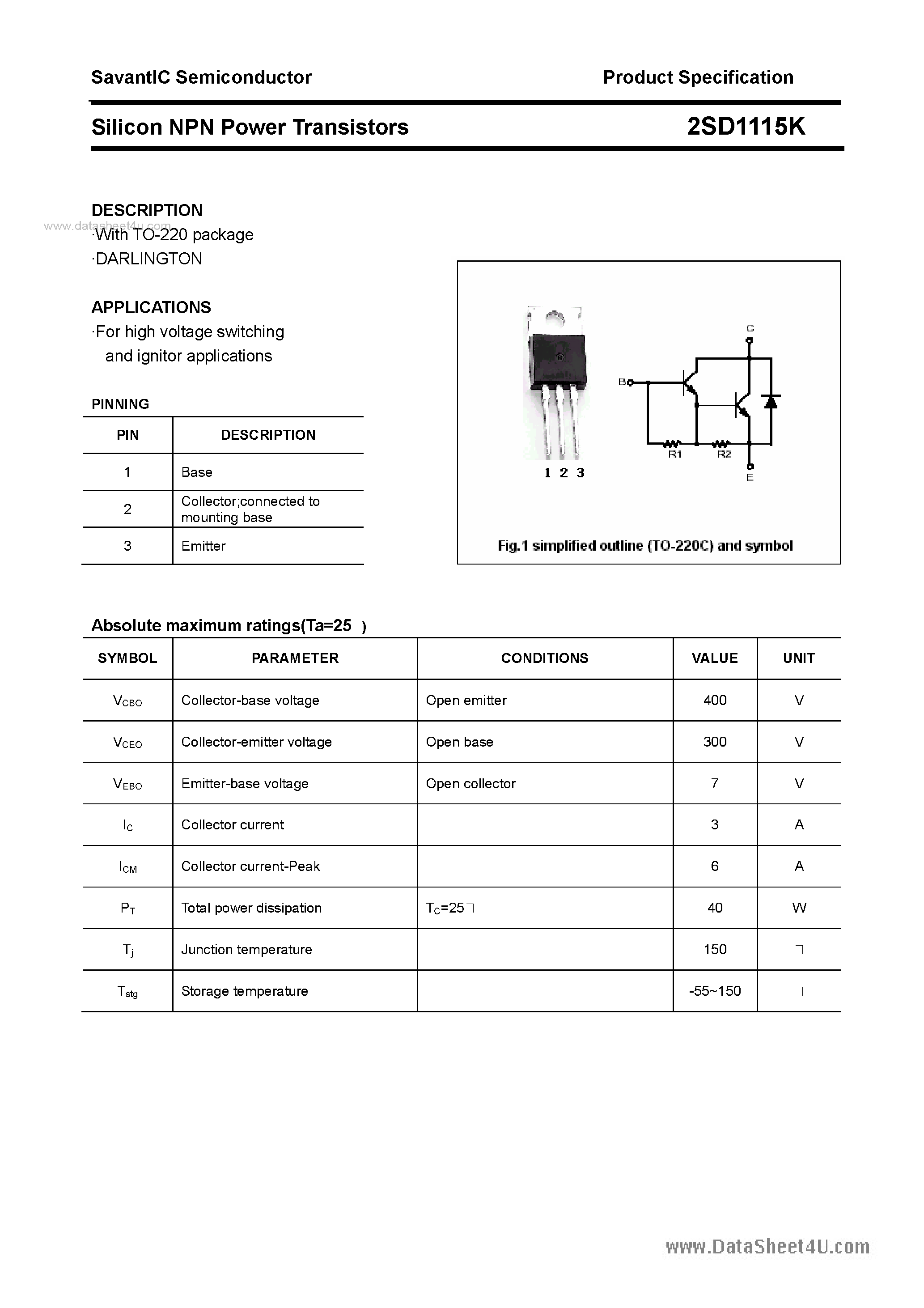 Даташит 2SD1115K - SILICON POWER TRANSISTOR страница 1