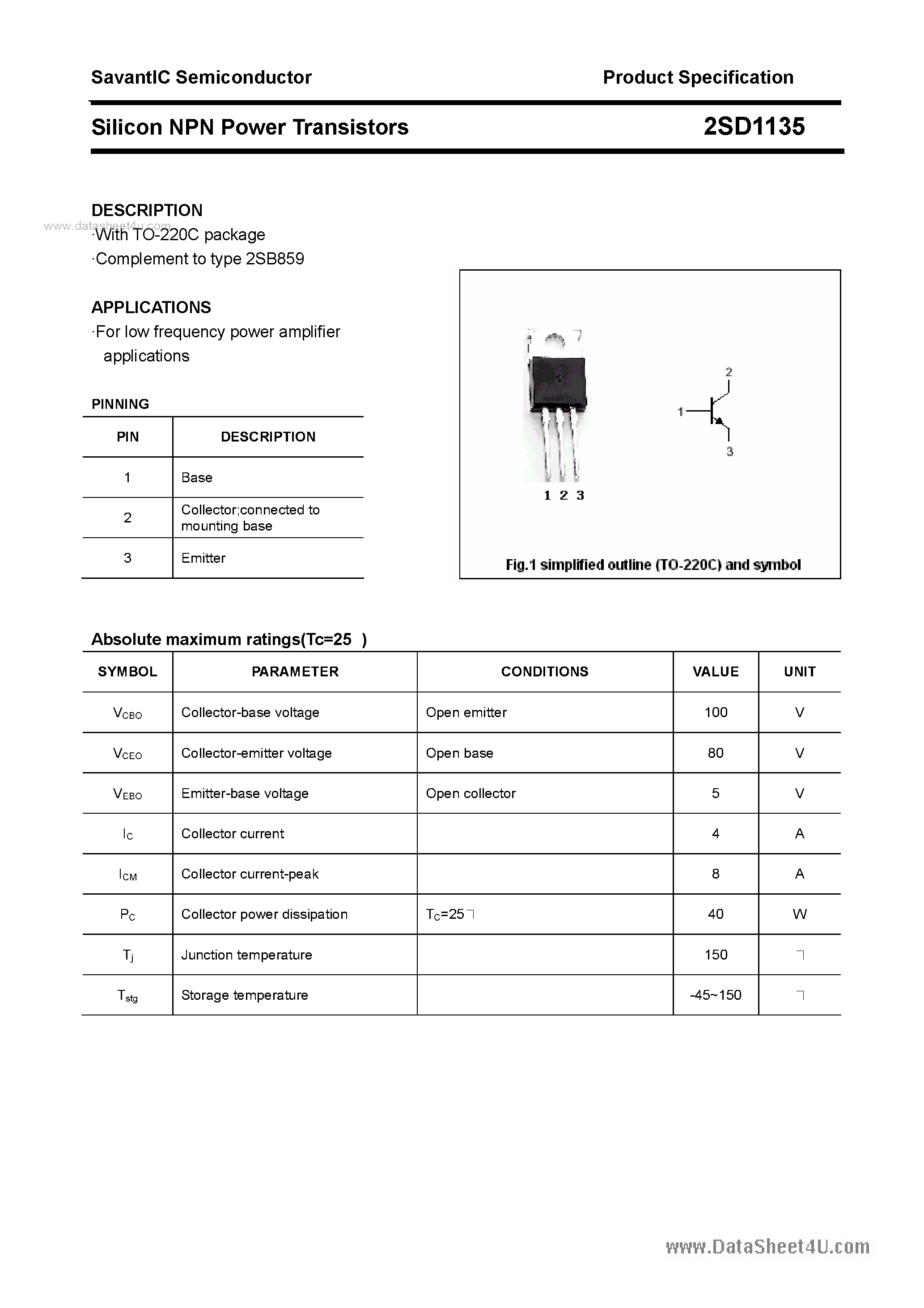 Даташит 2SD1135 - SILICON POWER TRANSISTOR страница 1