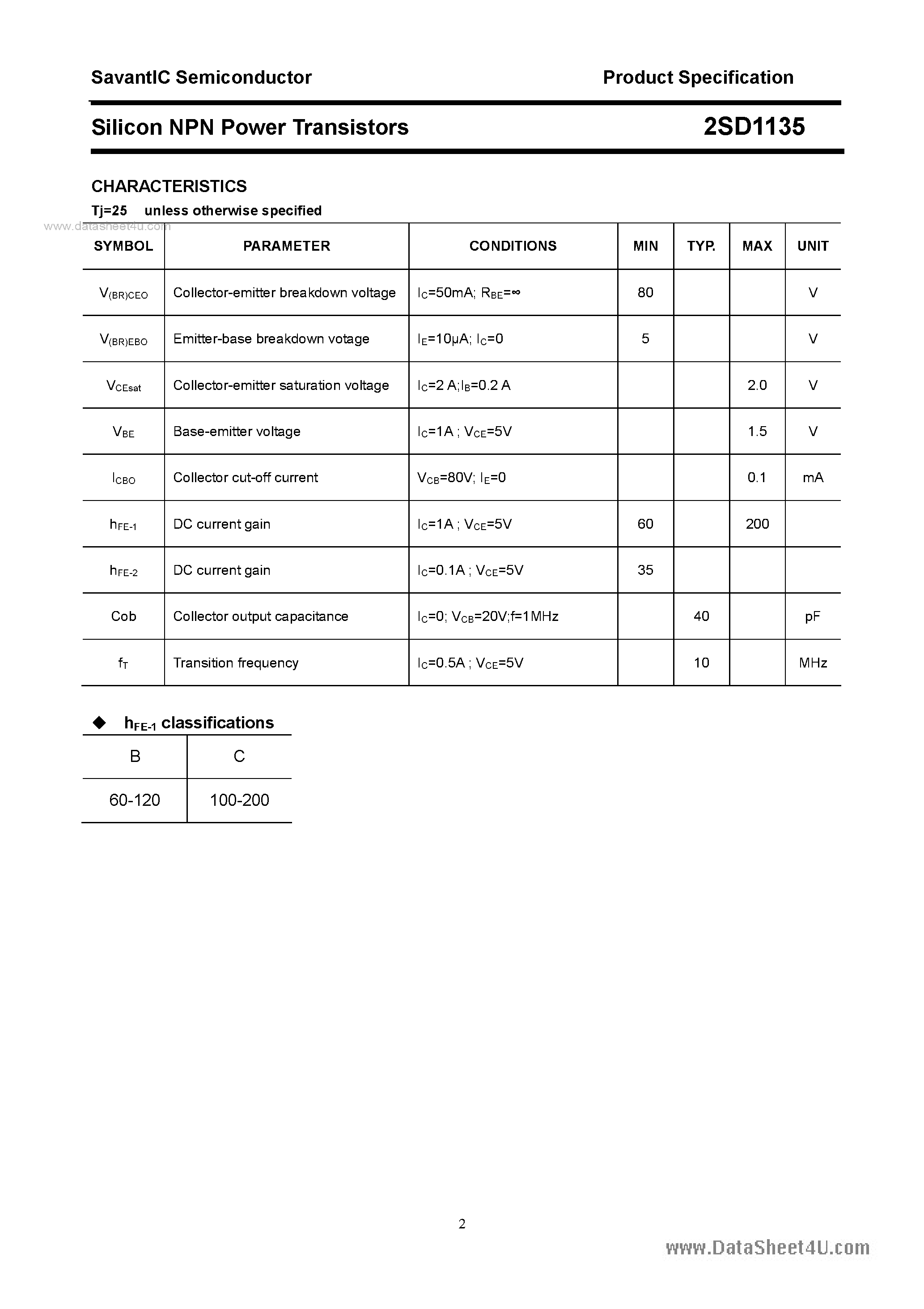 Даташит 2SD1135 - SILICON POWER TRANSISTOR страница 2