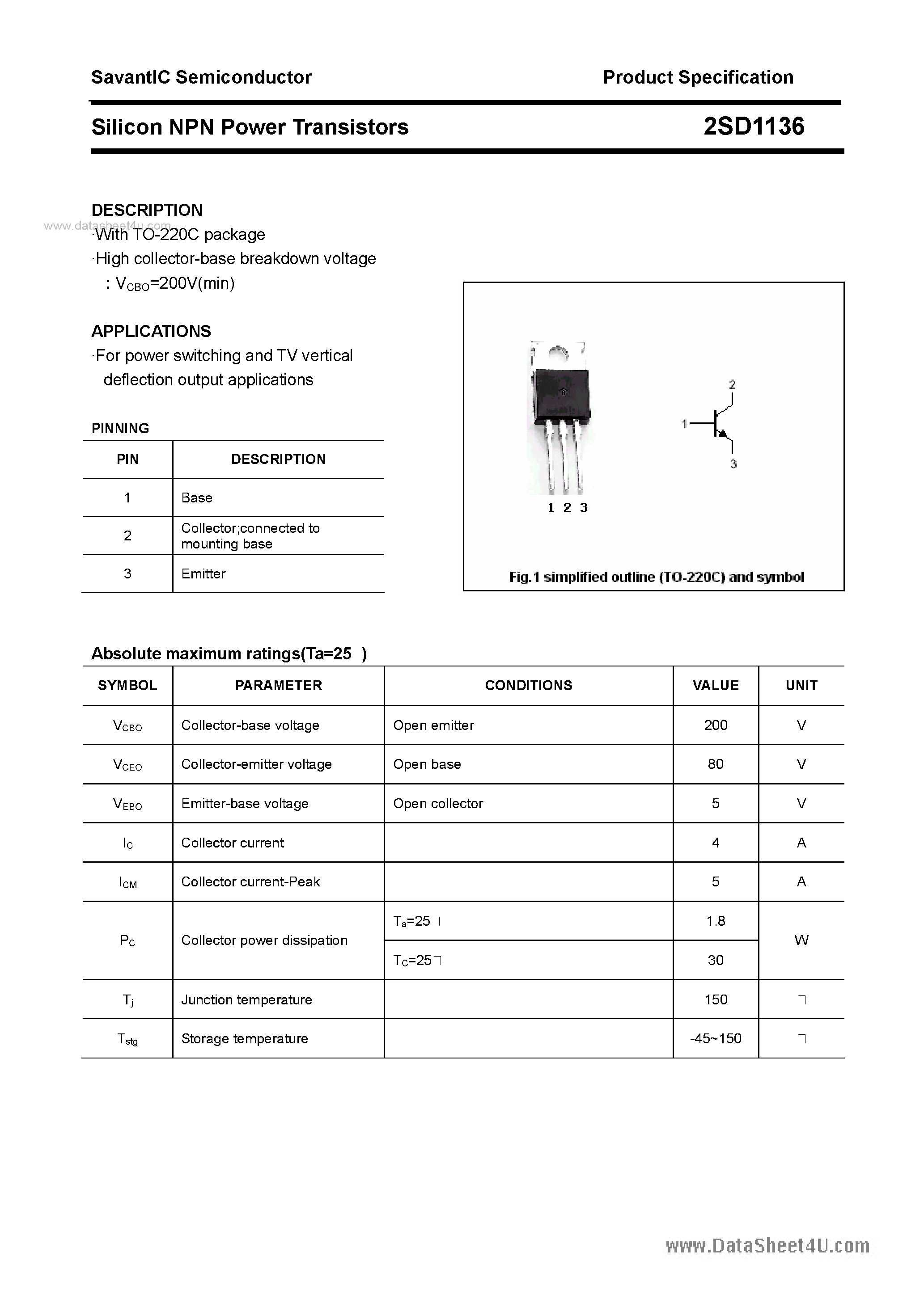 Даташит 2SD1136 - SILICON POWER TRANSISTOR страница 1