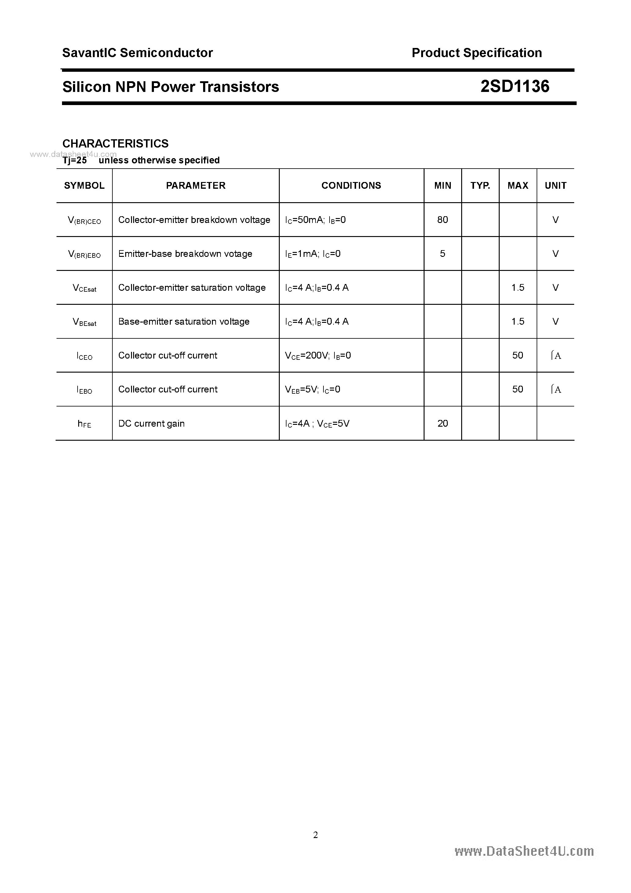 Даташит 2SD1136 - SILICON POWER TRANSISTOR страница 2