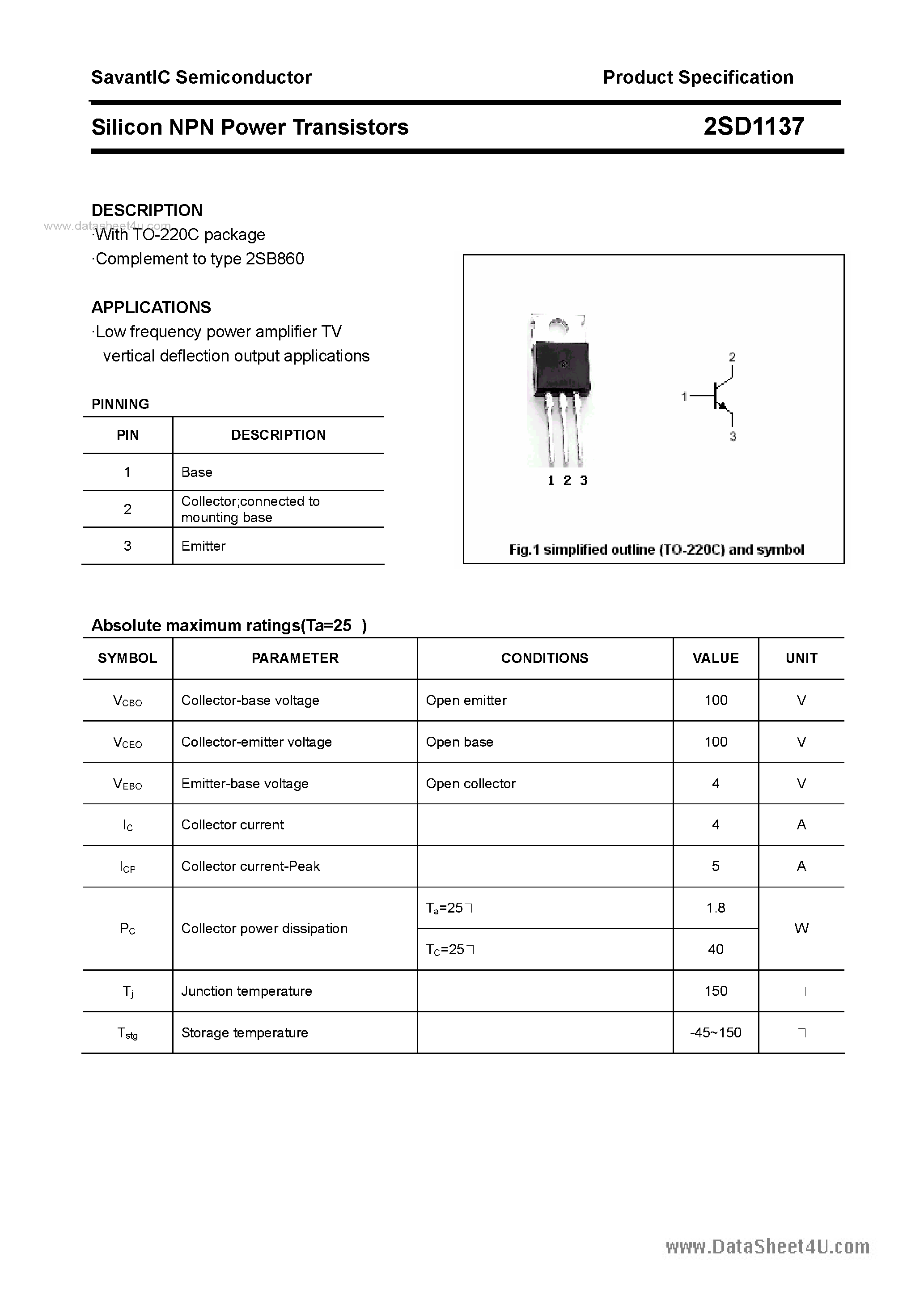 Даташит 2SD1137 - SILICON POWER TRANSISTOR страница 1