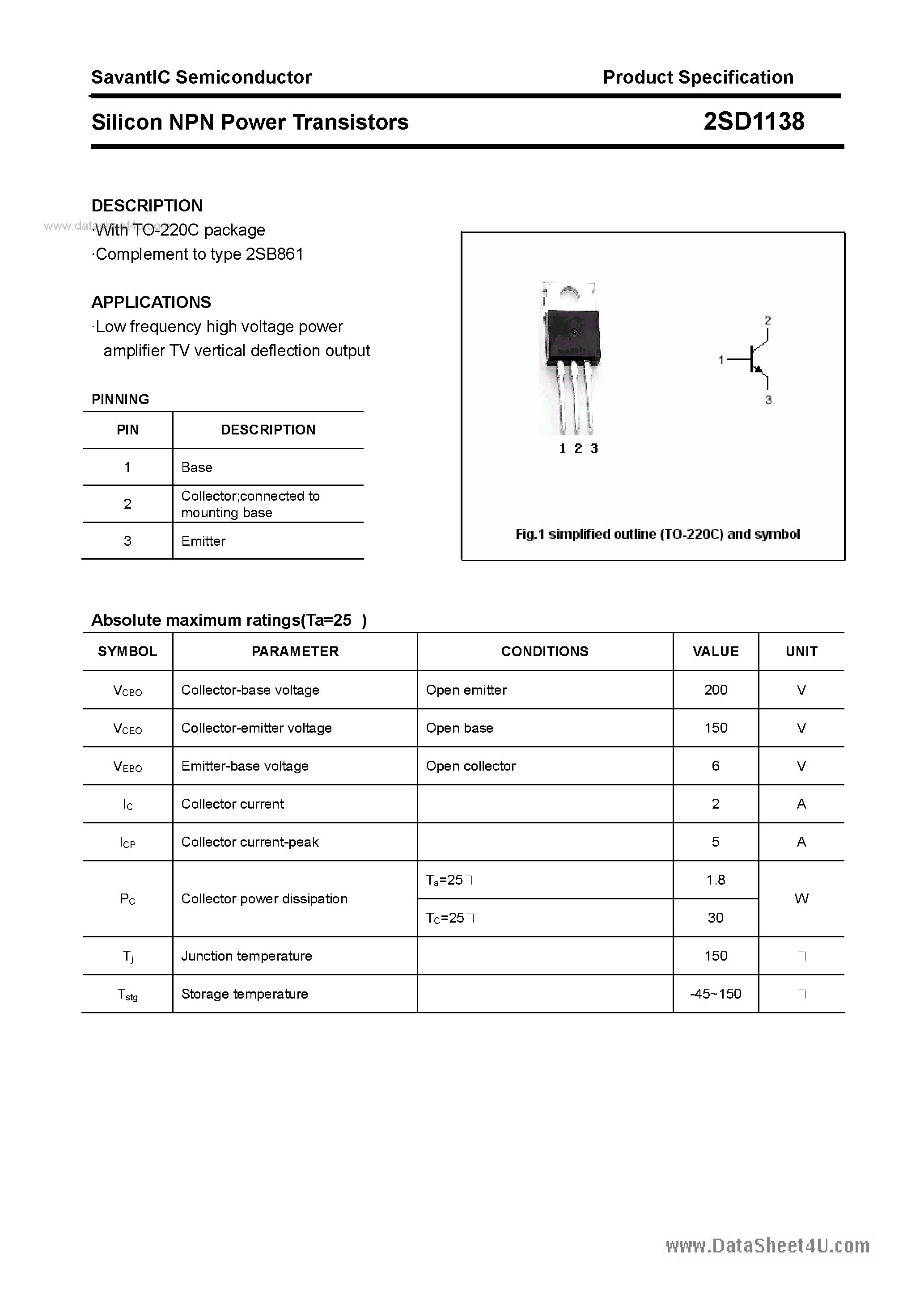 Даташит 2SD1138 - SILICON POWER TRANSISTOR страница 1