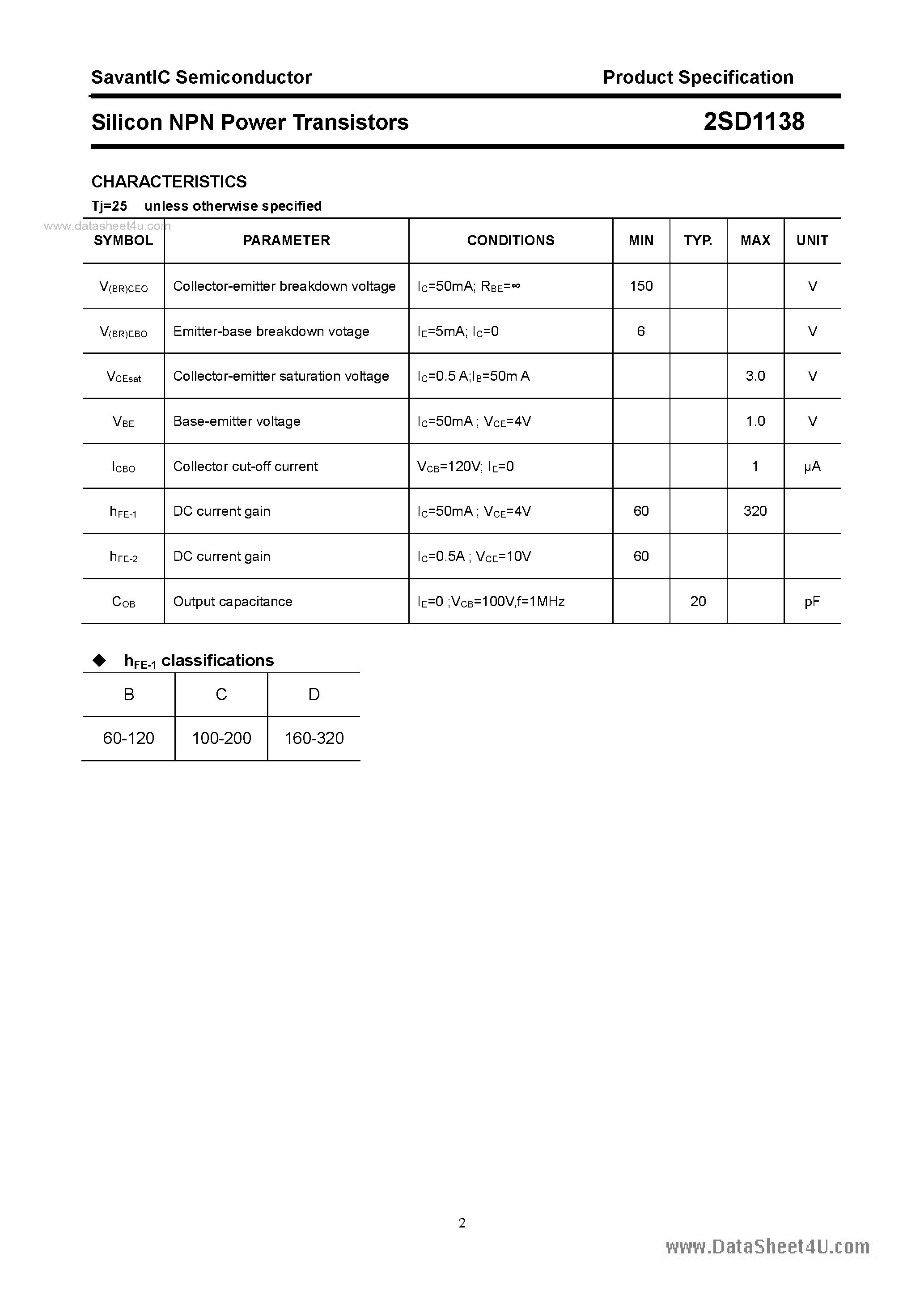 Даташит 2SD1138 - SILICON POWER TRANSISTOR страница 2