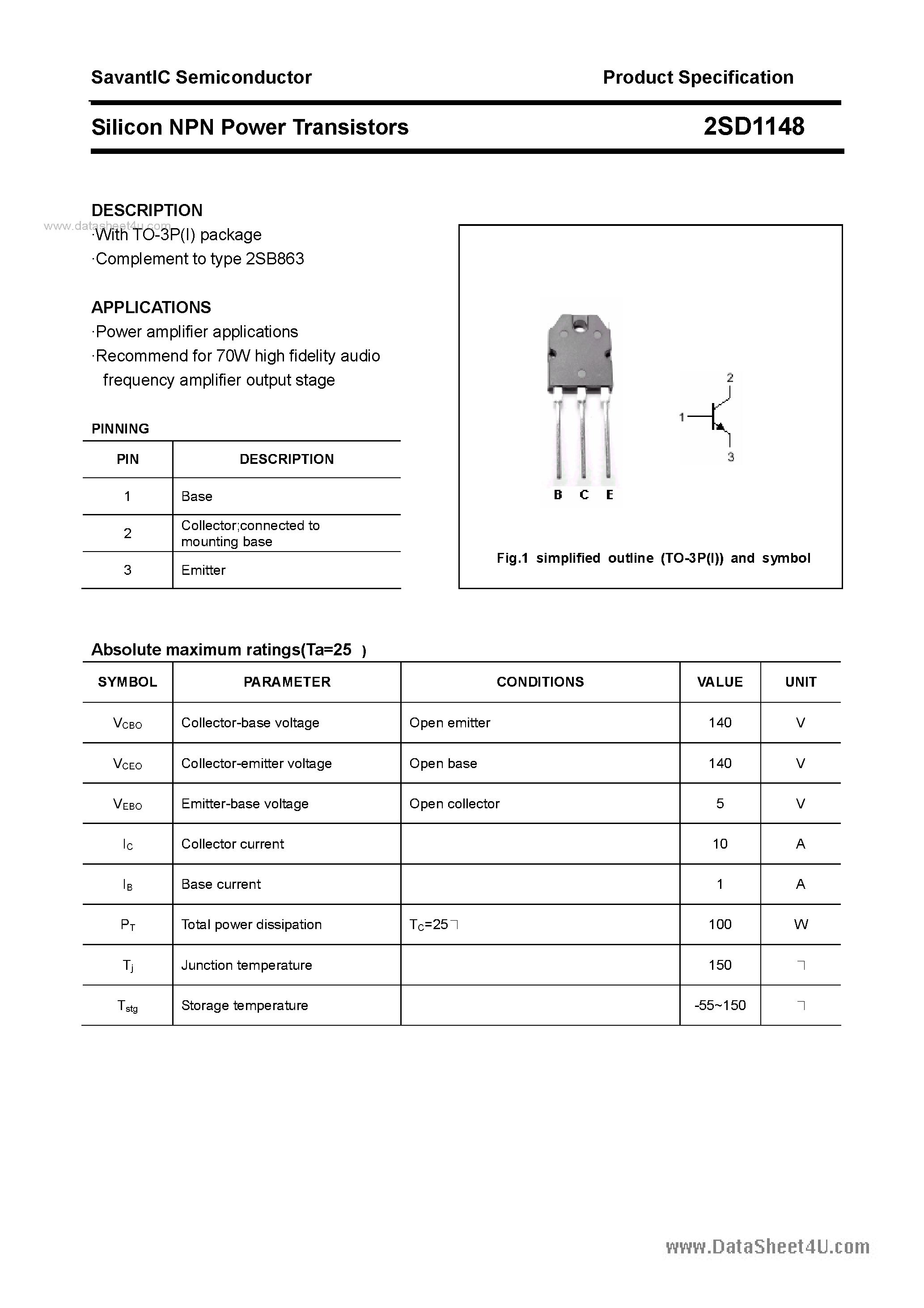 Даташит 2SD1148 - SILICON POWER TRANSISTOR страница 1