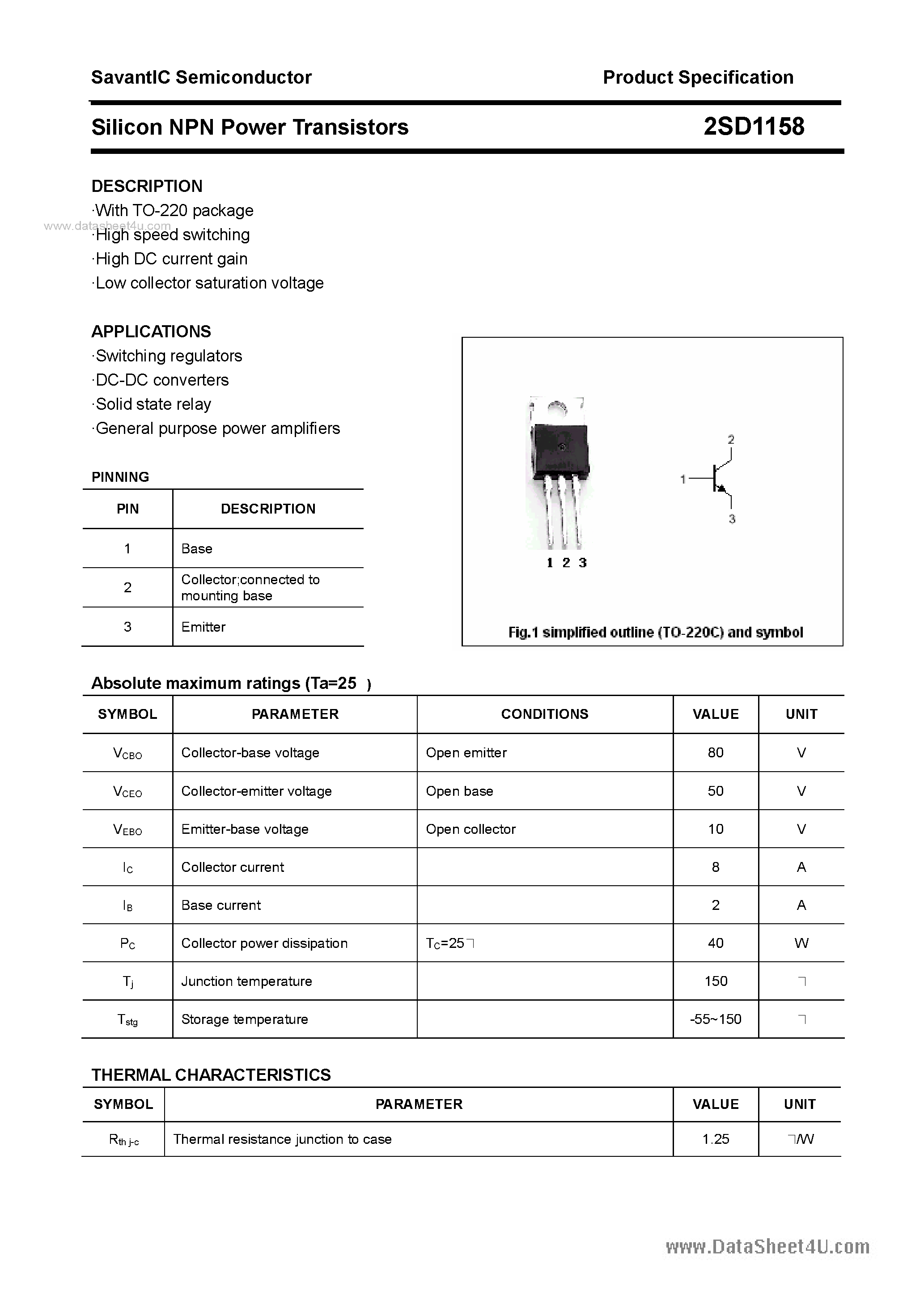 Даташит 2SD1158 - SILICON POWER TRANSISTOR страница 1