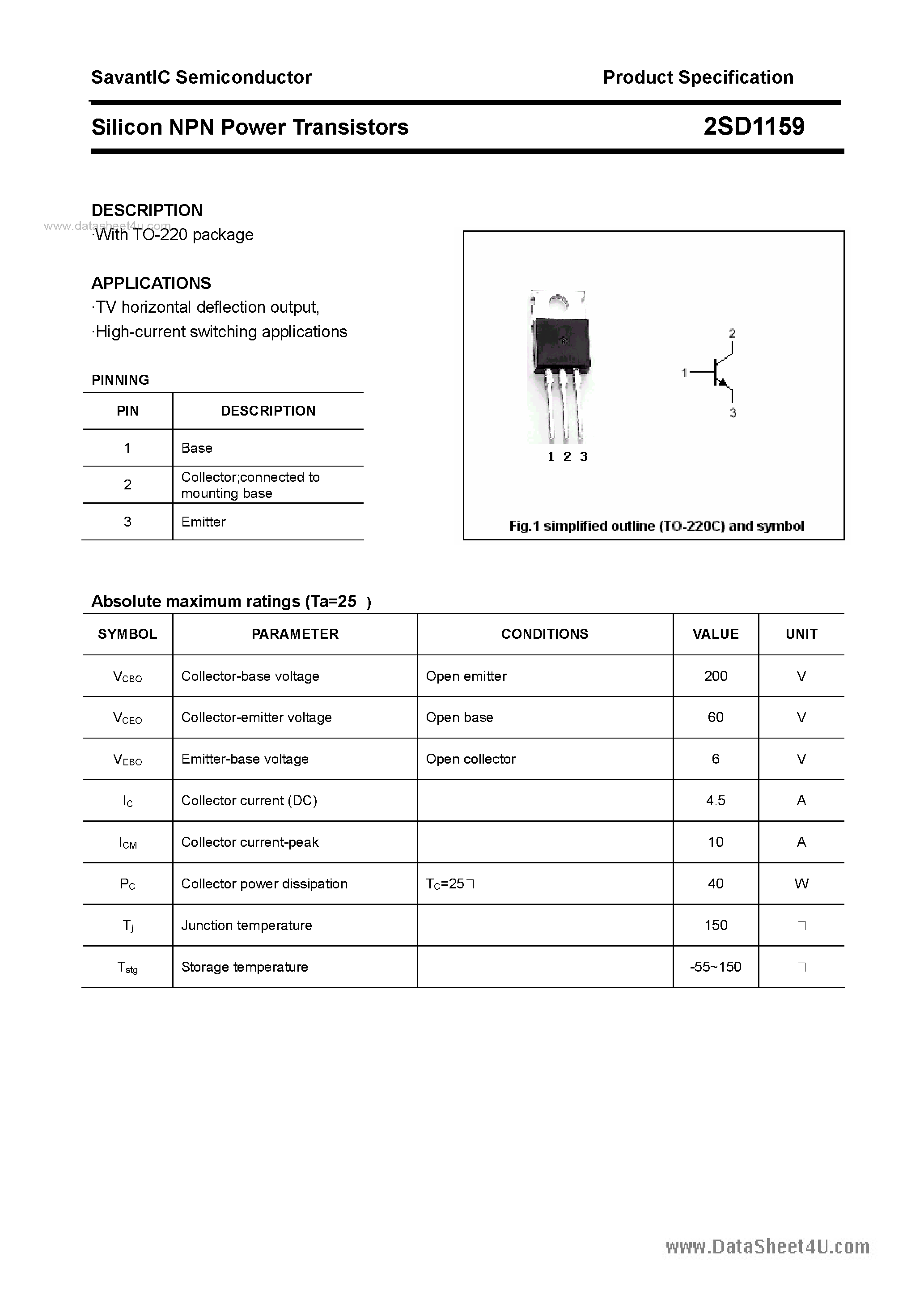 Даташит 2SD1159 - SILICON POWER TRANSISTOR страница 1