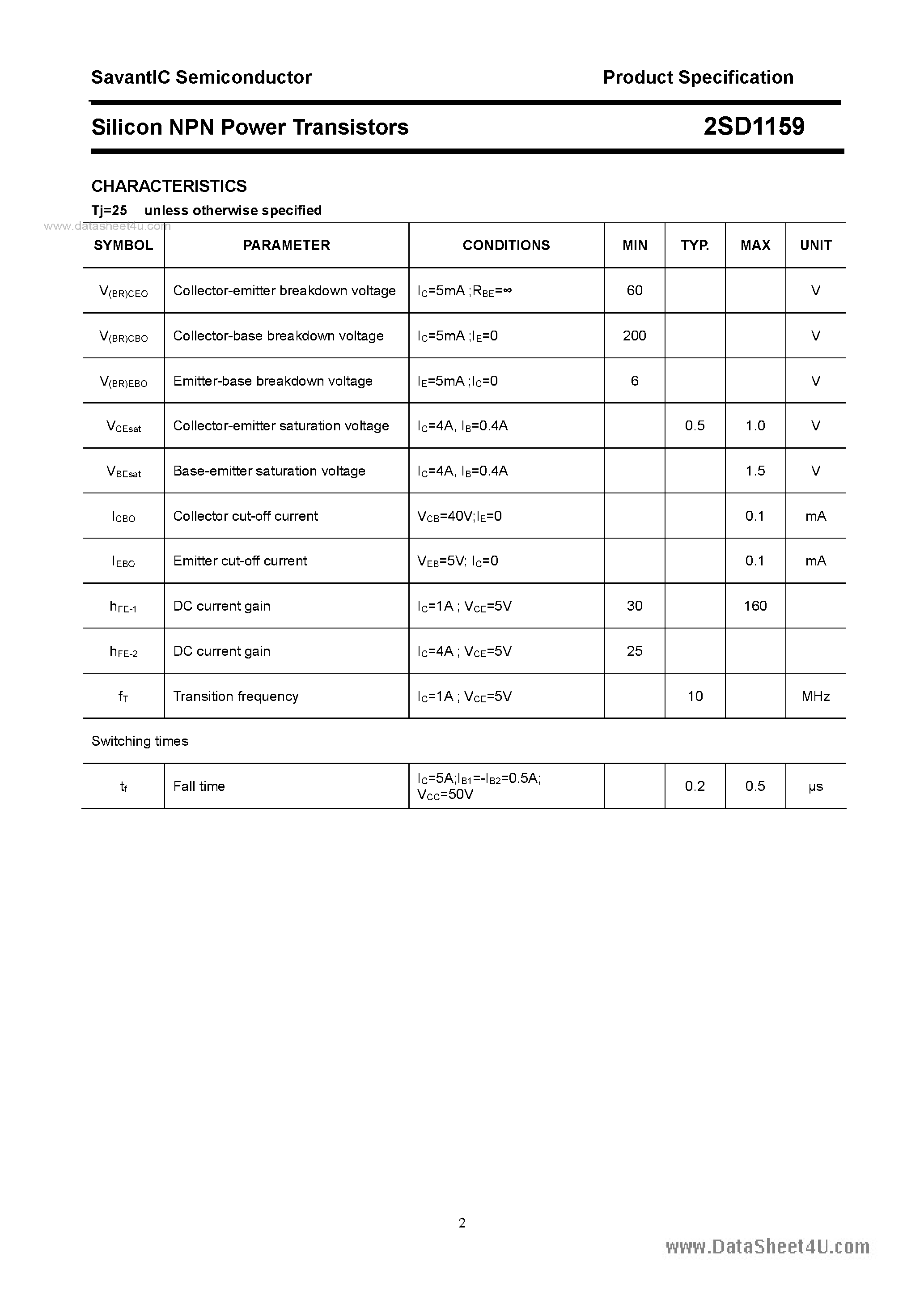 Даташит 2SD1159 - SILICON POWER TRANSISTOR страница 2