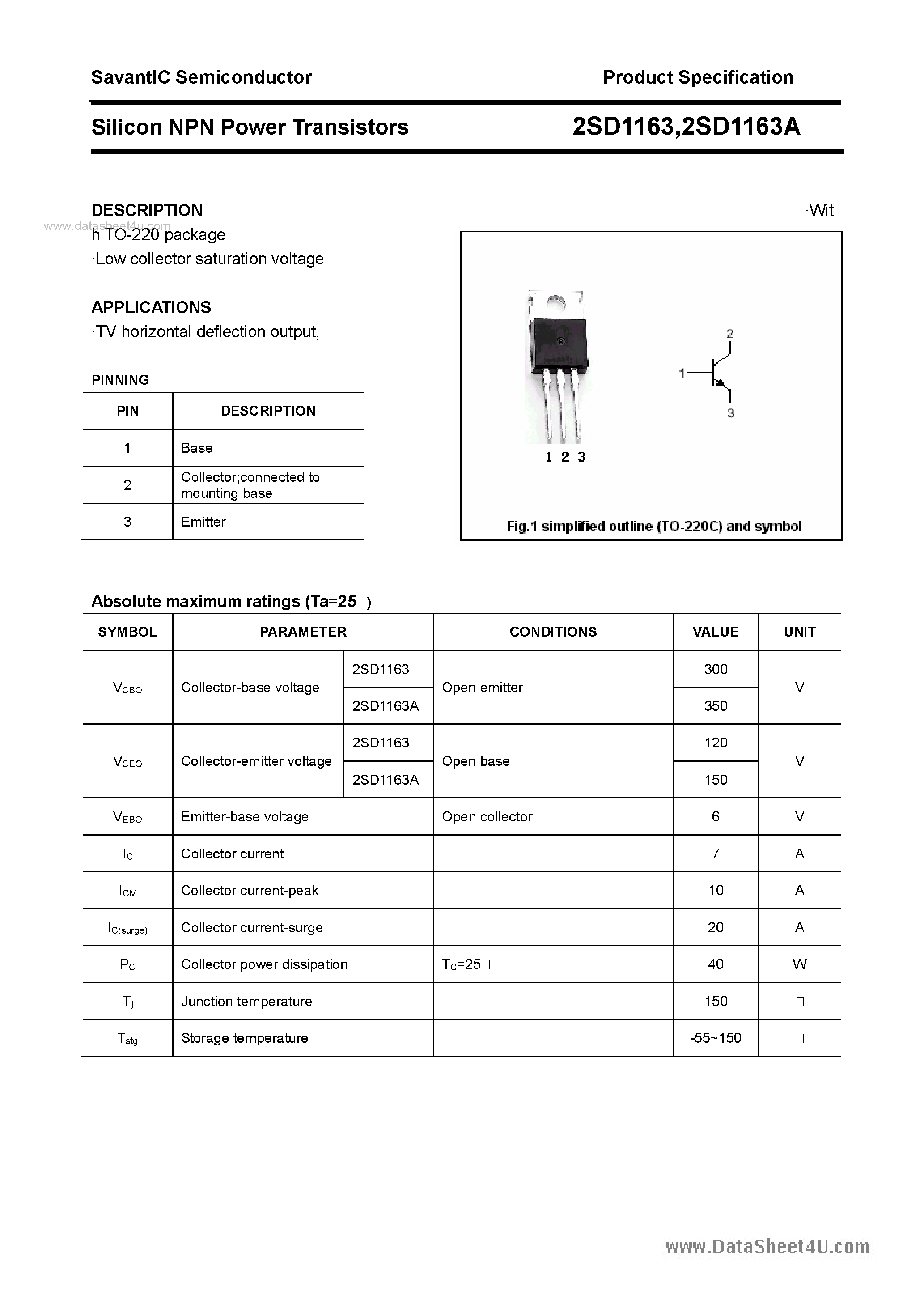 Даташит 2SD1163 - SILICON POWER TRANSISTOR страница 1