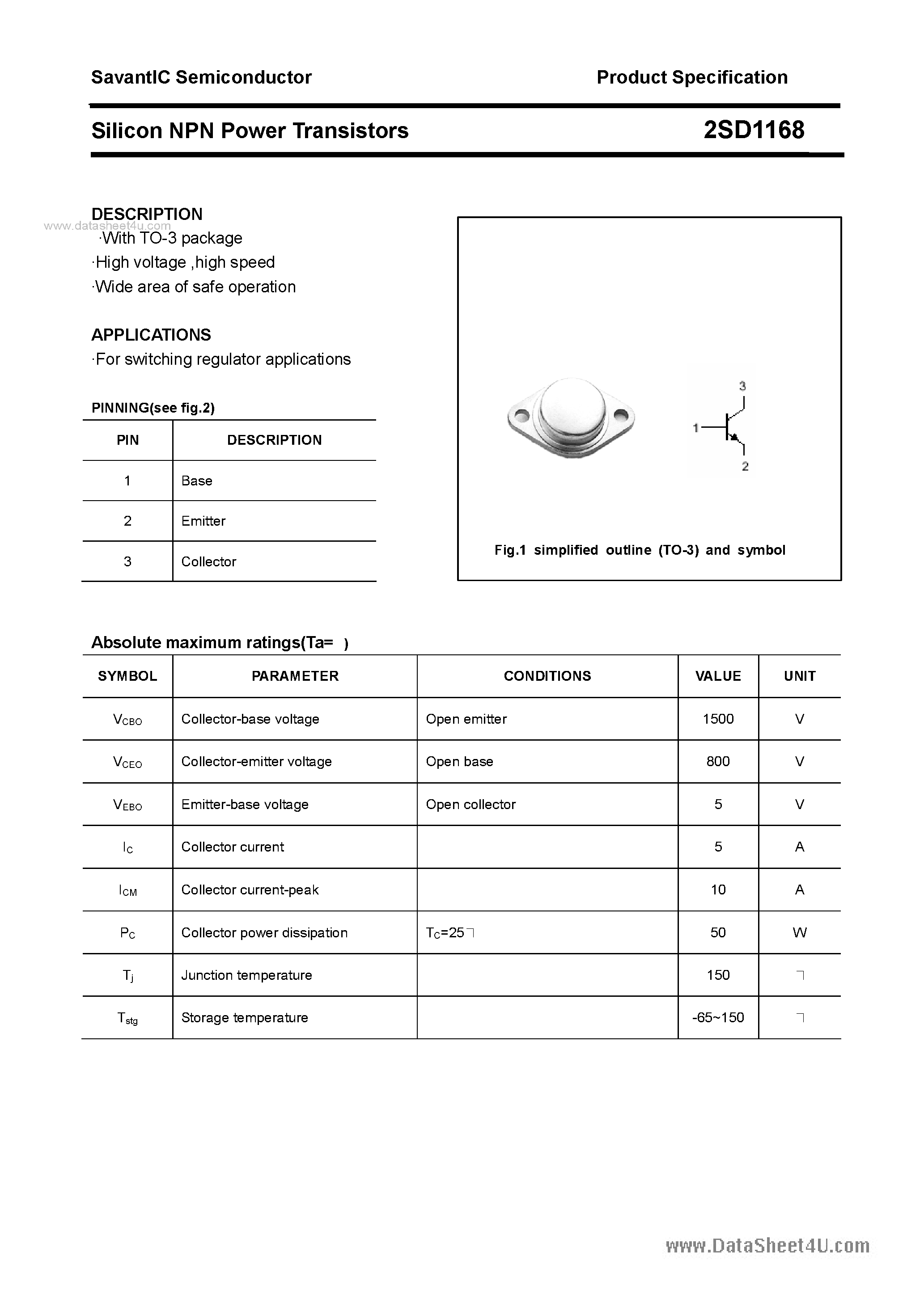 Даташит 2SD1168 - SILICON POWER TRANSISTOR страница 1