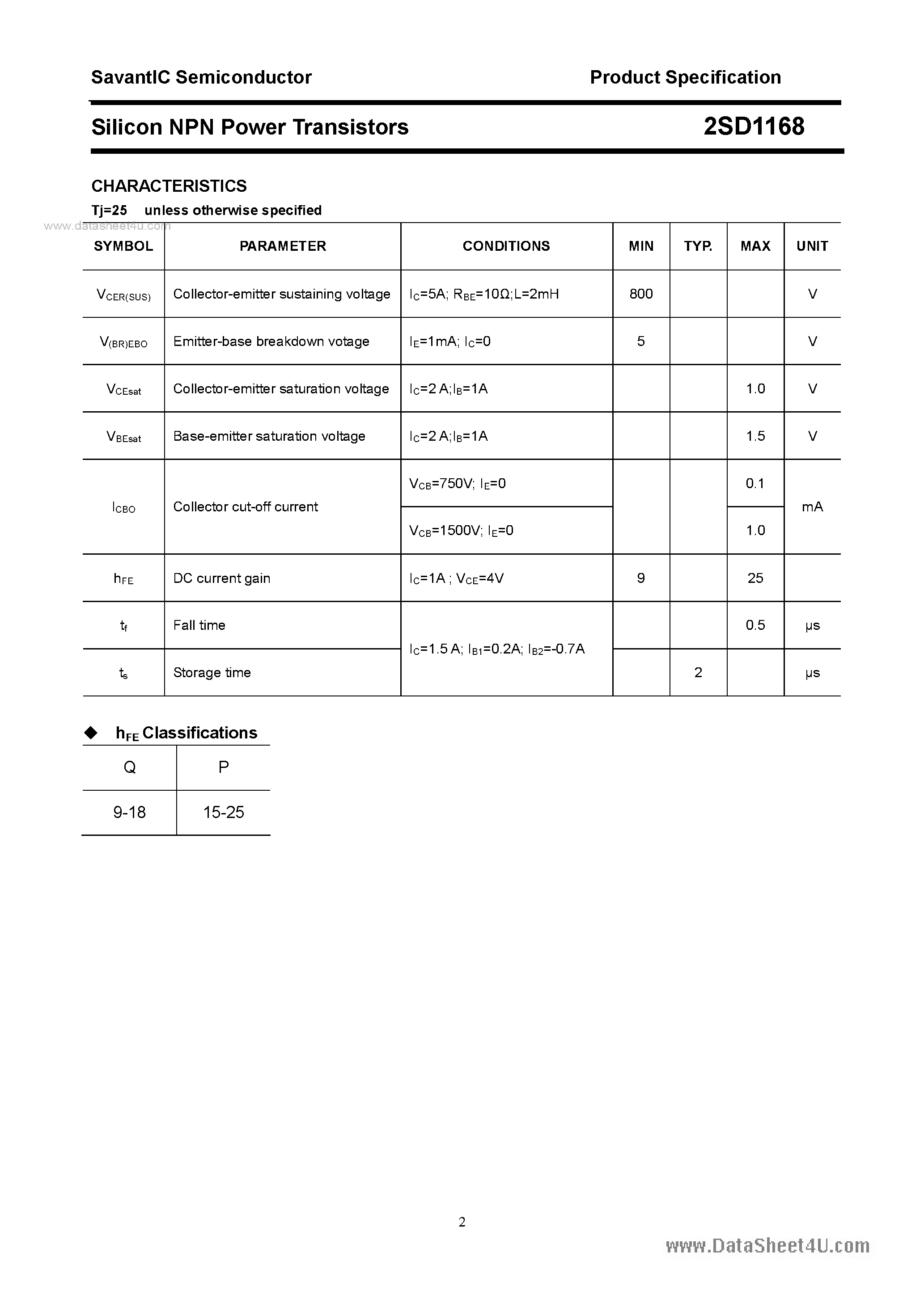 Даташит 2SD1168 - SILICON POWER TRANSISTOR страница 2