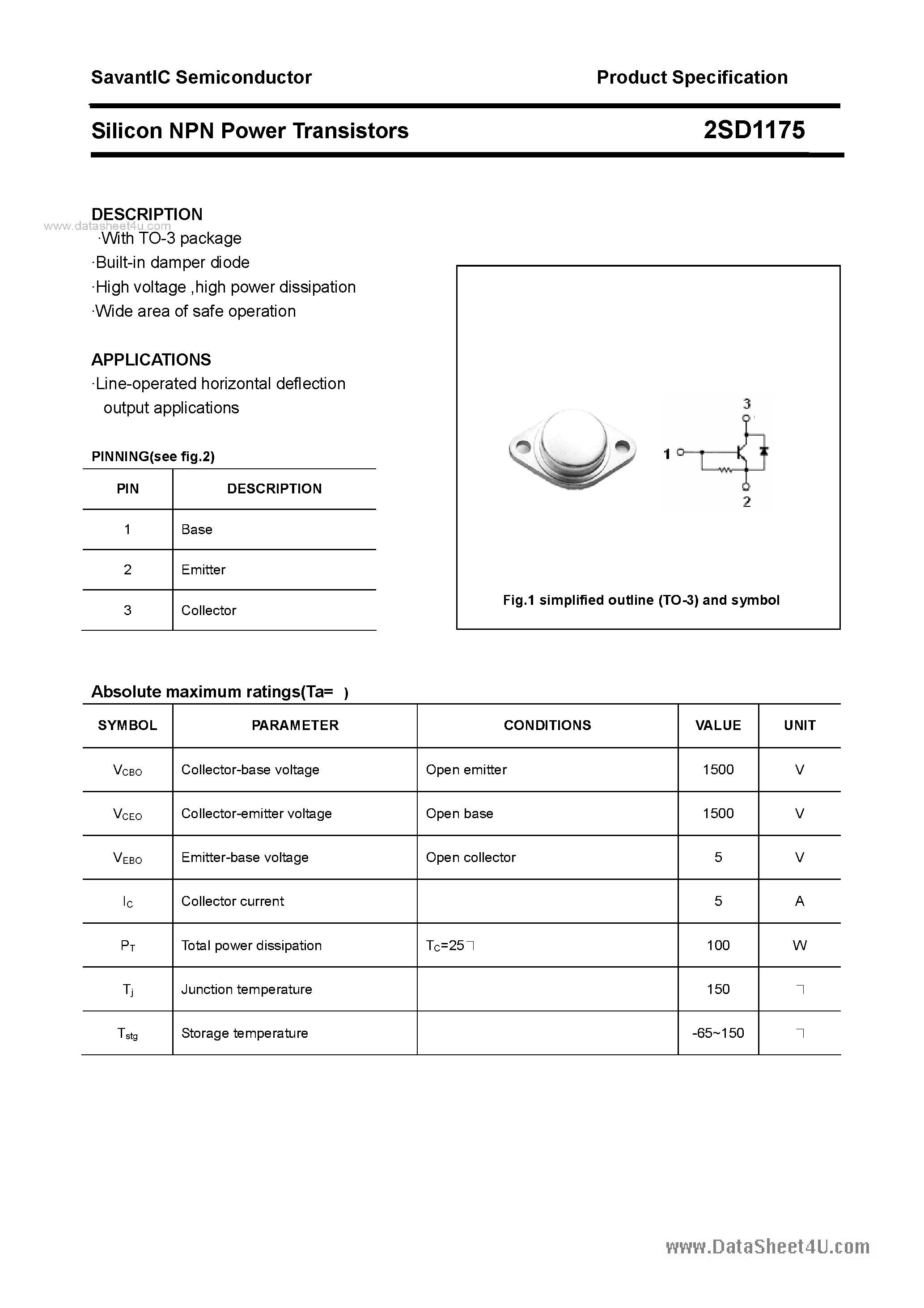 Даташит 2SD1175 - SILICON POWER TRANSISTOR страница 1