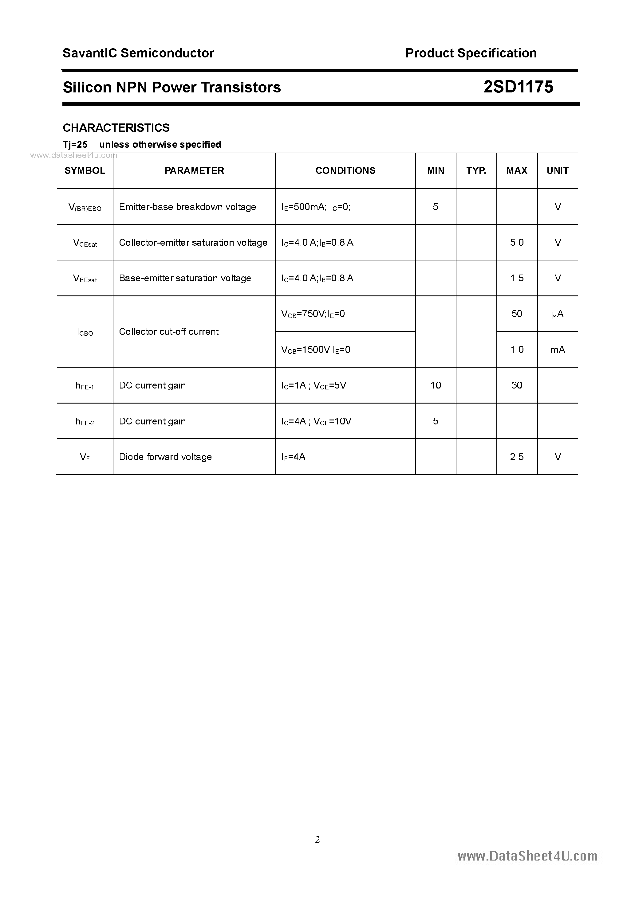 Даташит 2SD1175 - SILICON POWER TRANSISTOR страница 2