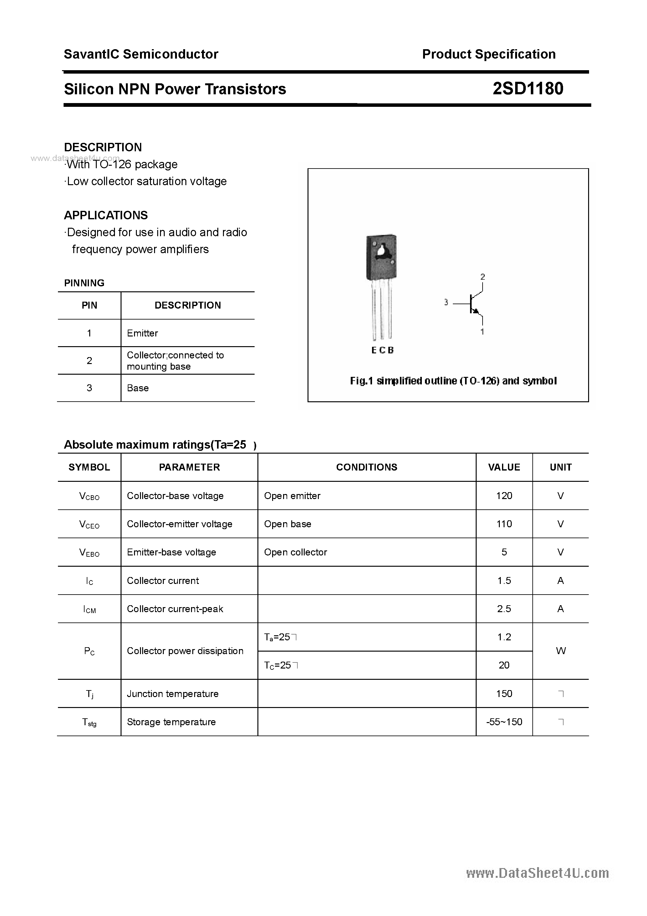 Даташит 2SD1180 - SILICON POWER TRANSISTOR страница 1