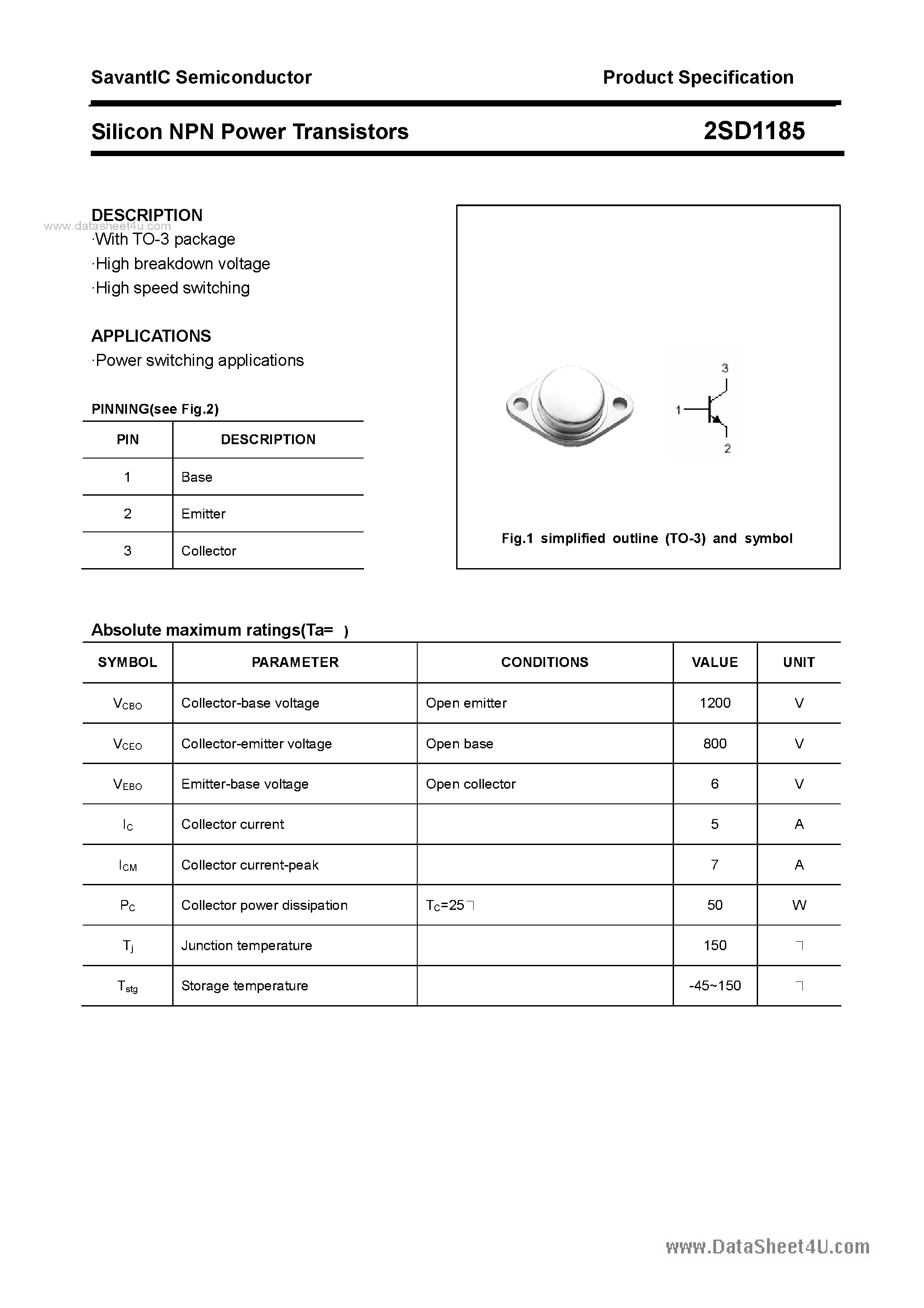 Даташит 2SD1185 - SILICON POWER TRANSISTOR страница 1